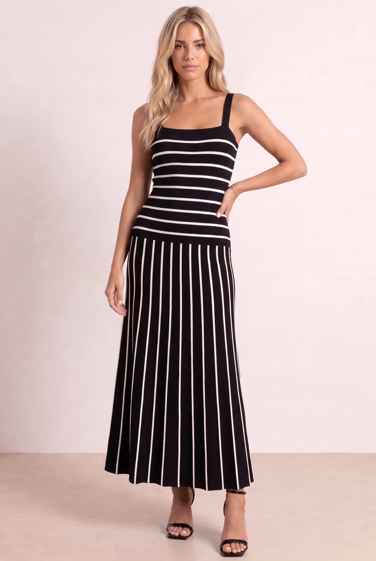 Black and White Stripe Knitted Midi Dress