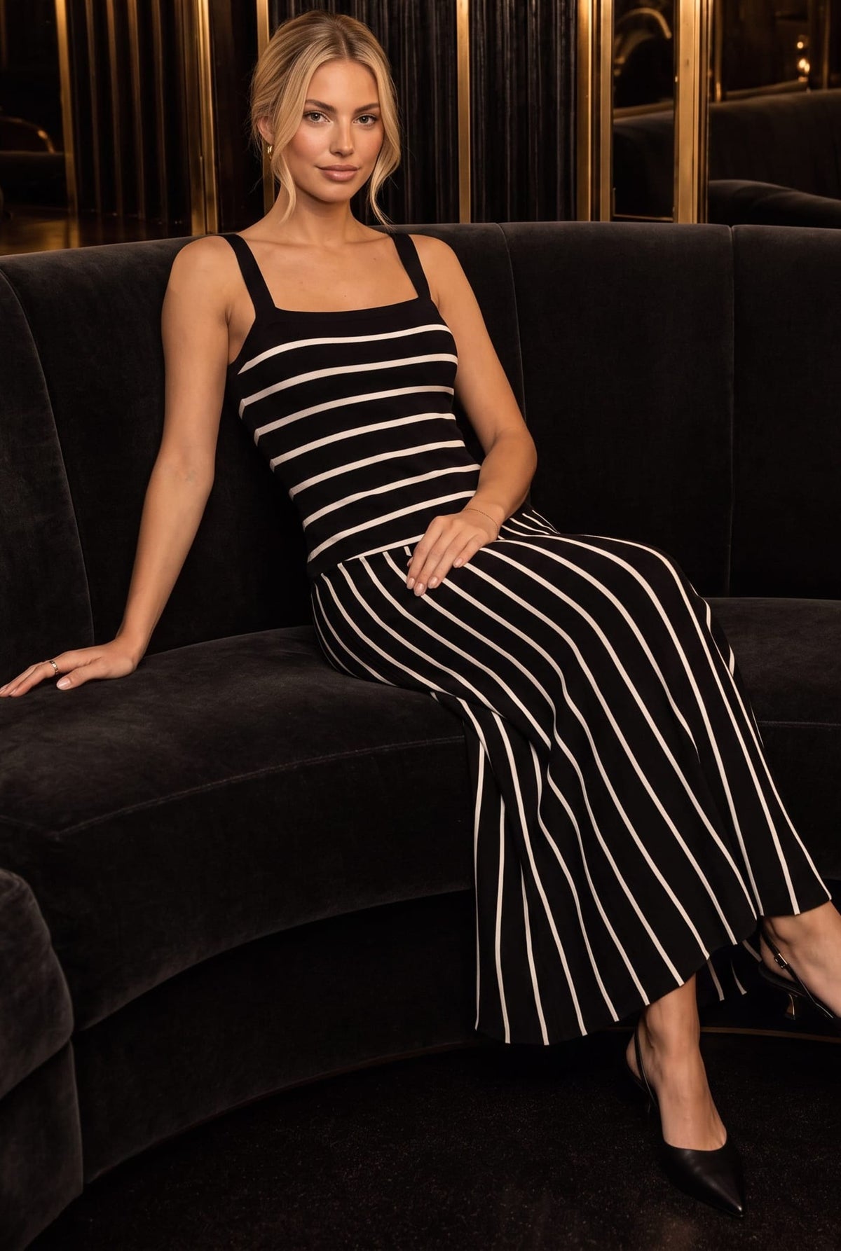 Black and White Stripe Knitted Midi Dress