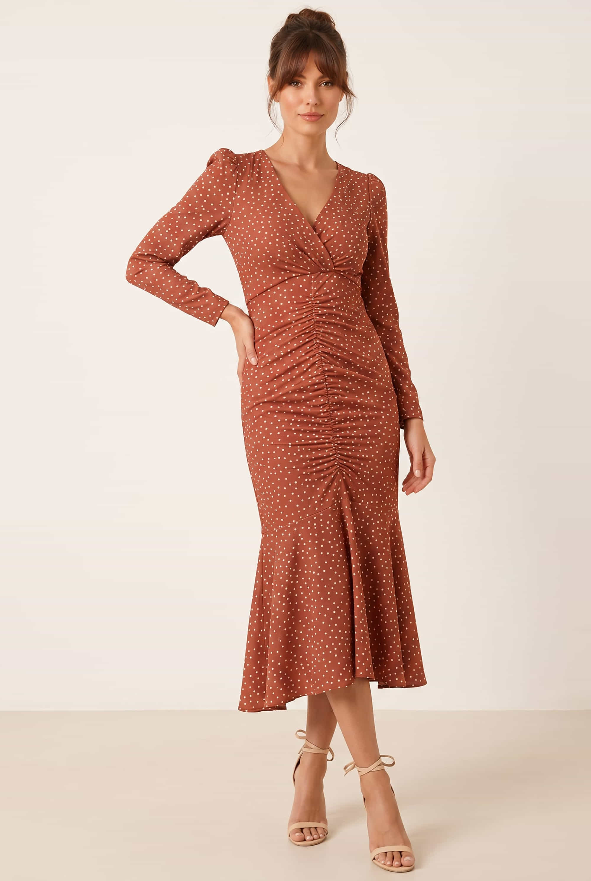Bambie Spot Ruched Dress in Chocolate