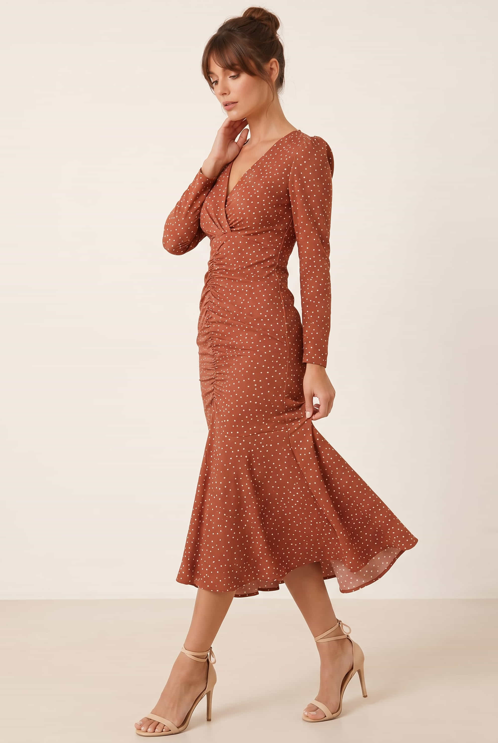 Bambie Spot Ruched Dress in Chocolate