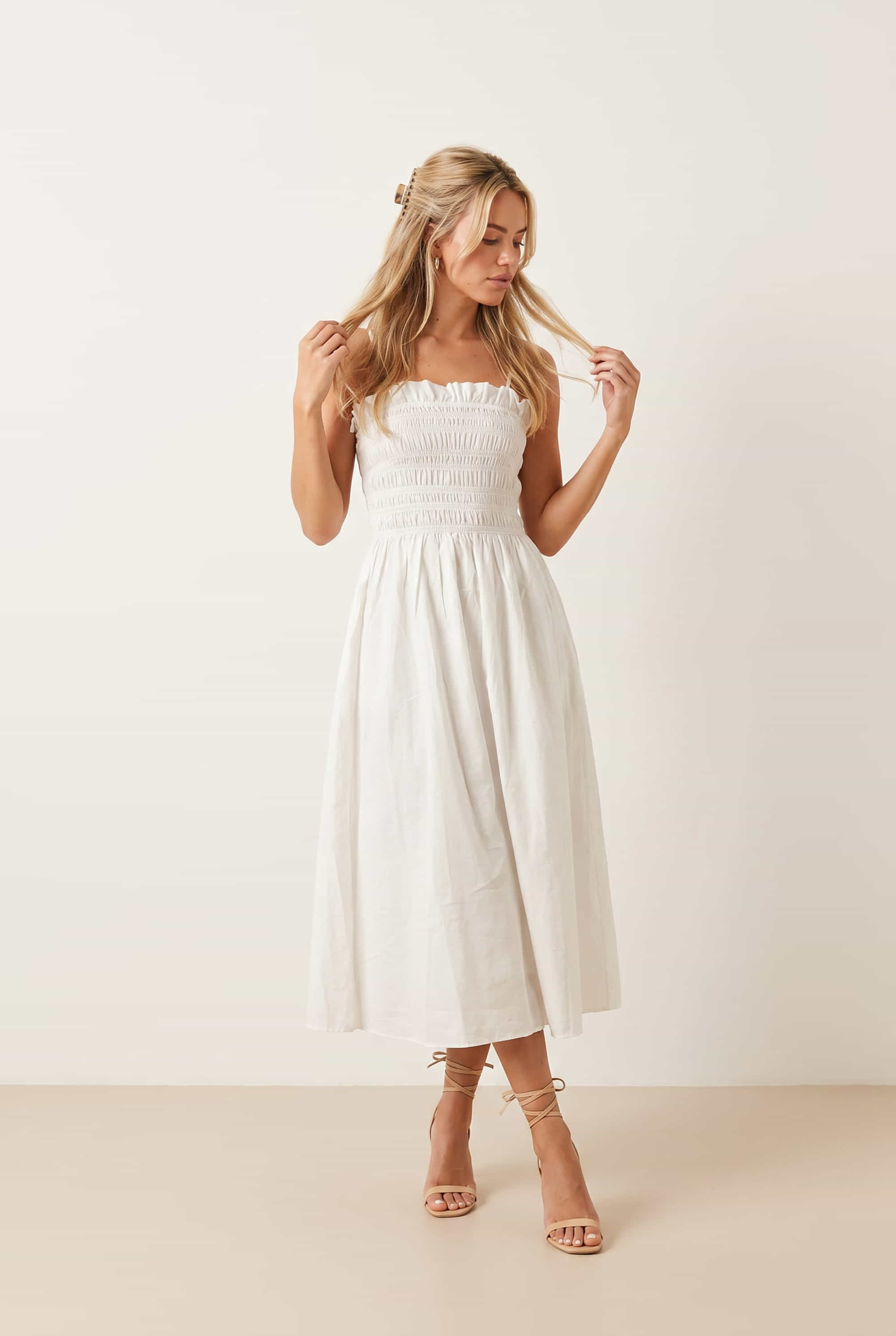Betty Cotton Shirred Bandeau Dress in White
