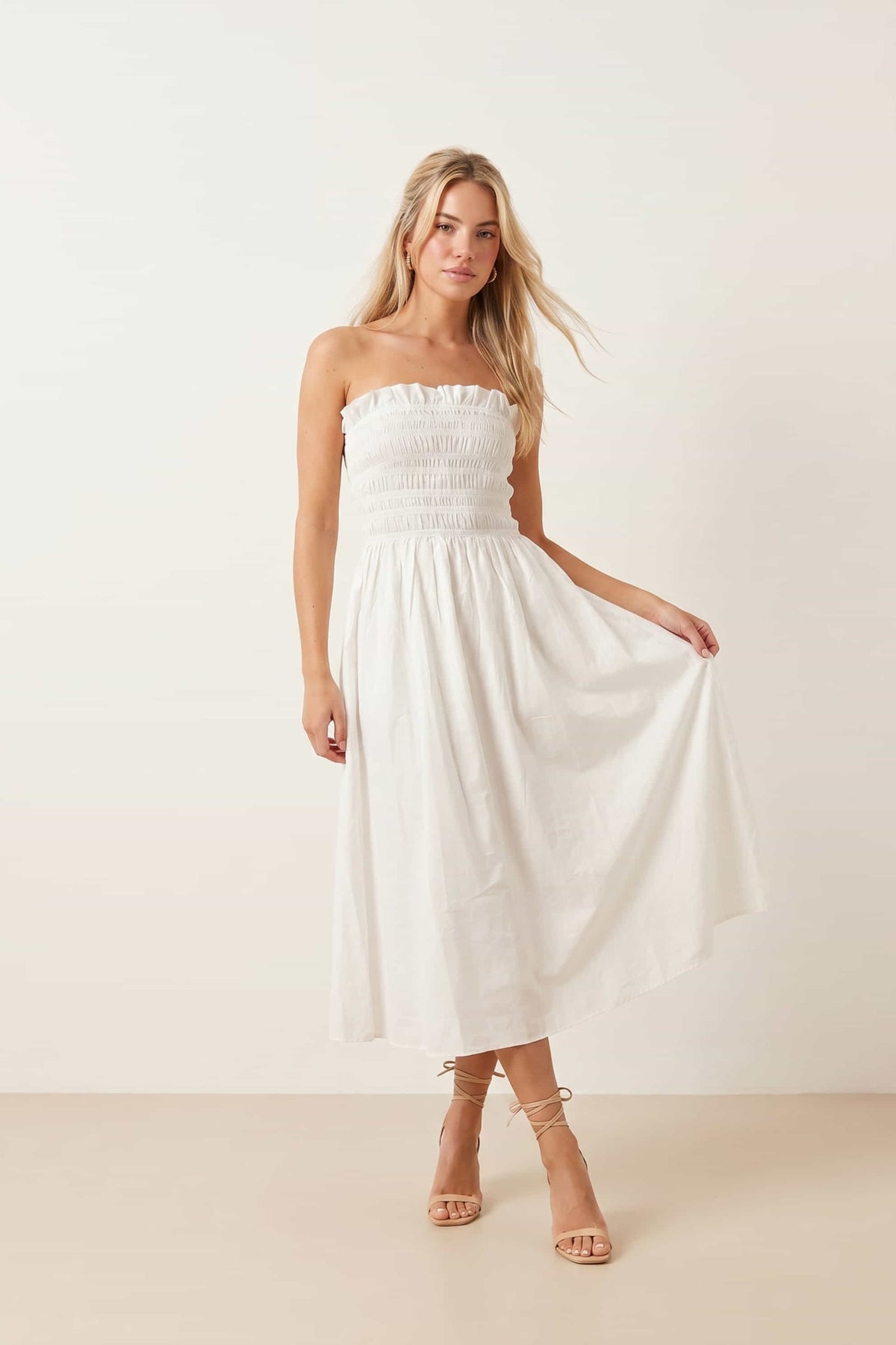 Betty Cotton Shirred Bandeau Dress in White