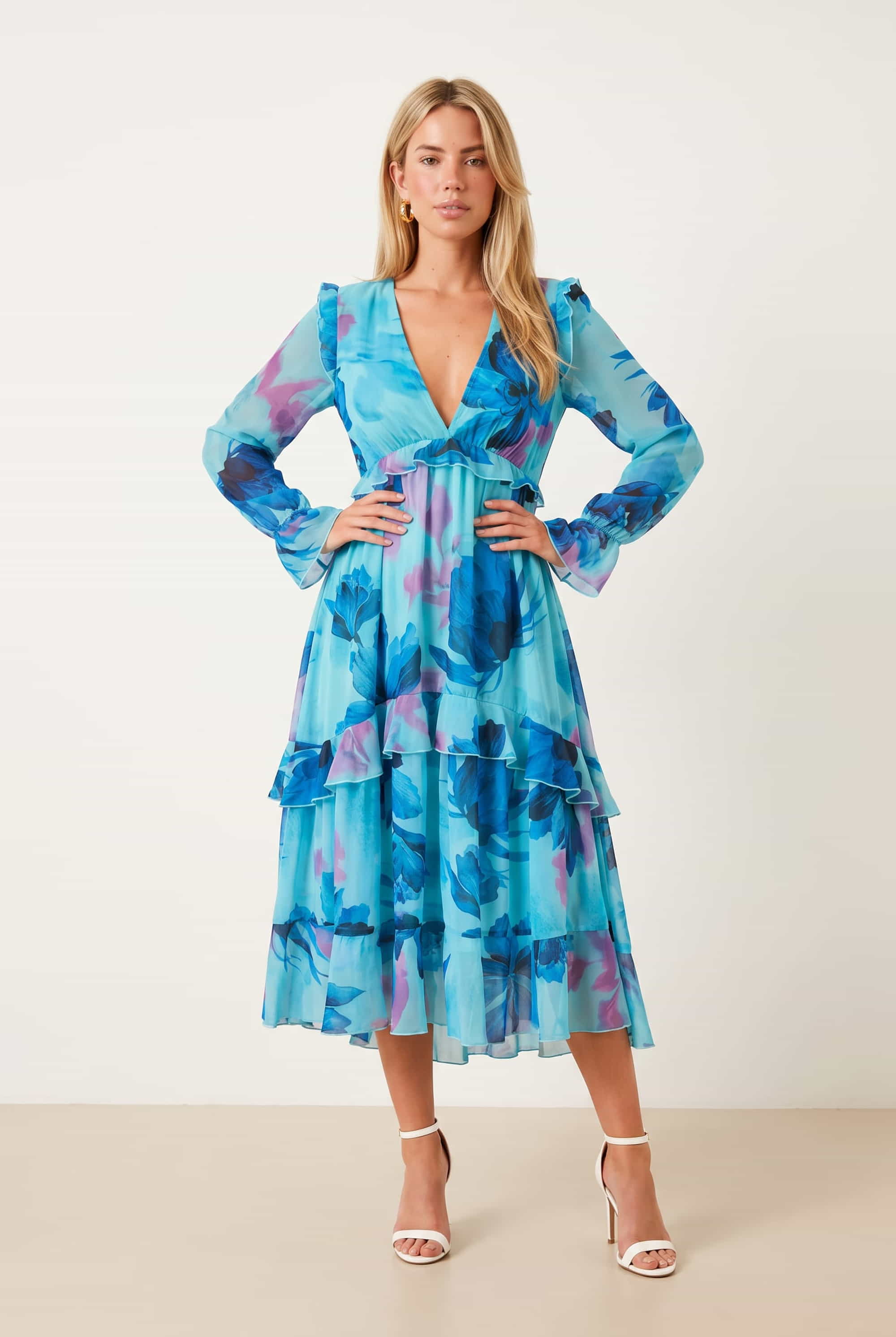Birdie Frill Tie Back Dress / Blue Floral
