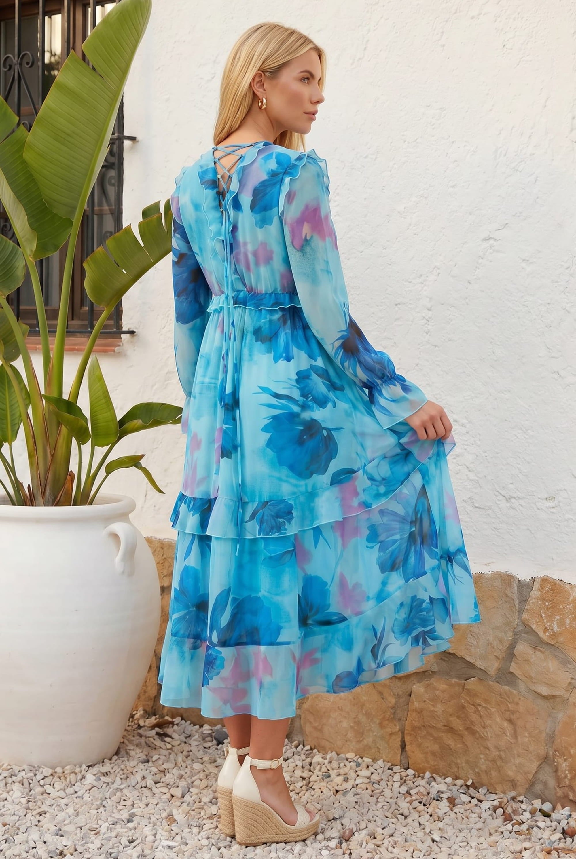 Birdie Frill Tie Back Dress / Blue Floral