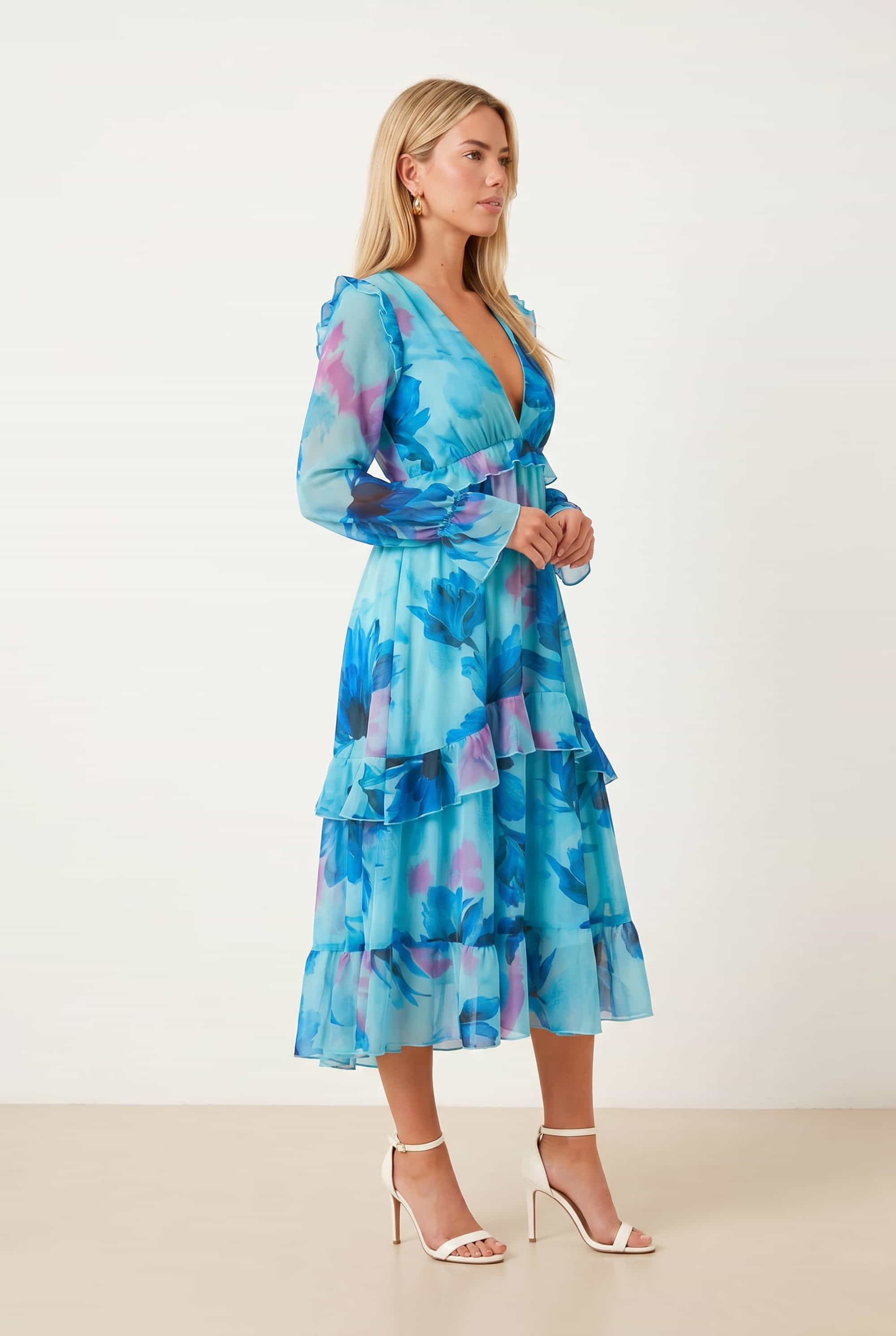 Birdie Frill Tie Back Dress / Blue Floral