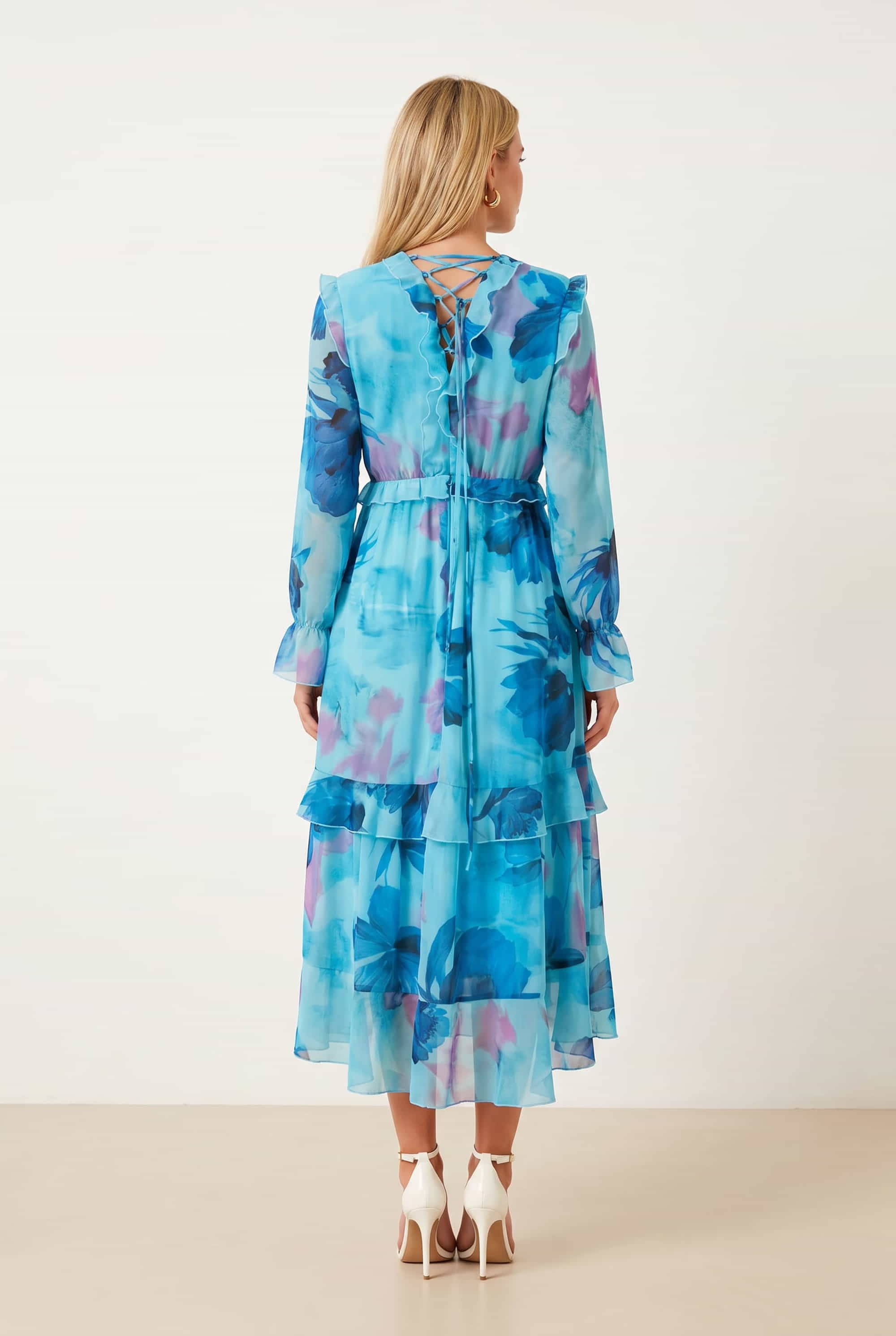 Birdie Frill Tie Back Dress / Blue Floral