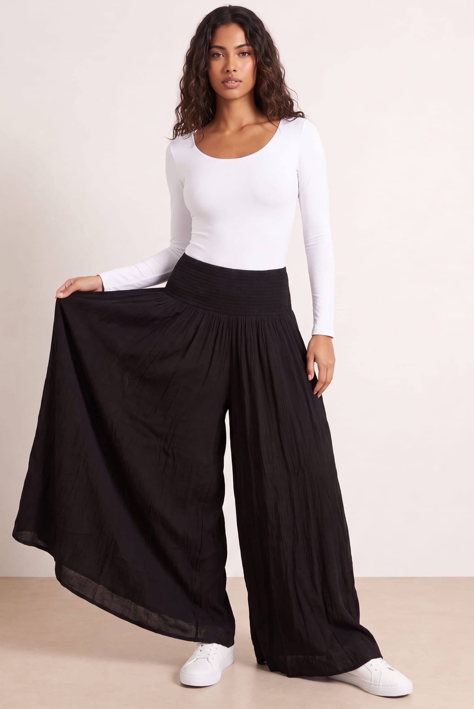 Black Shirred Plain Trouser