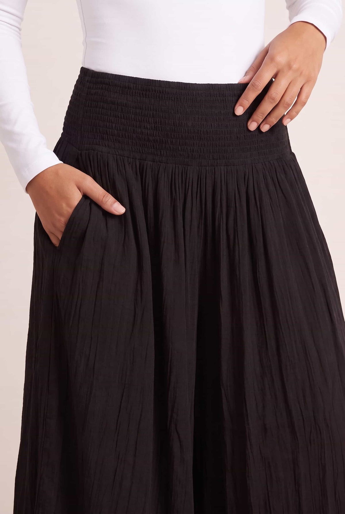 Black Shirred Plain Trouser