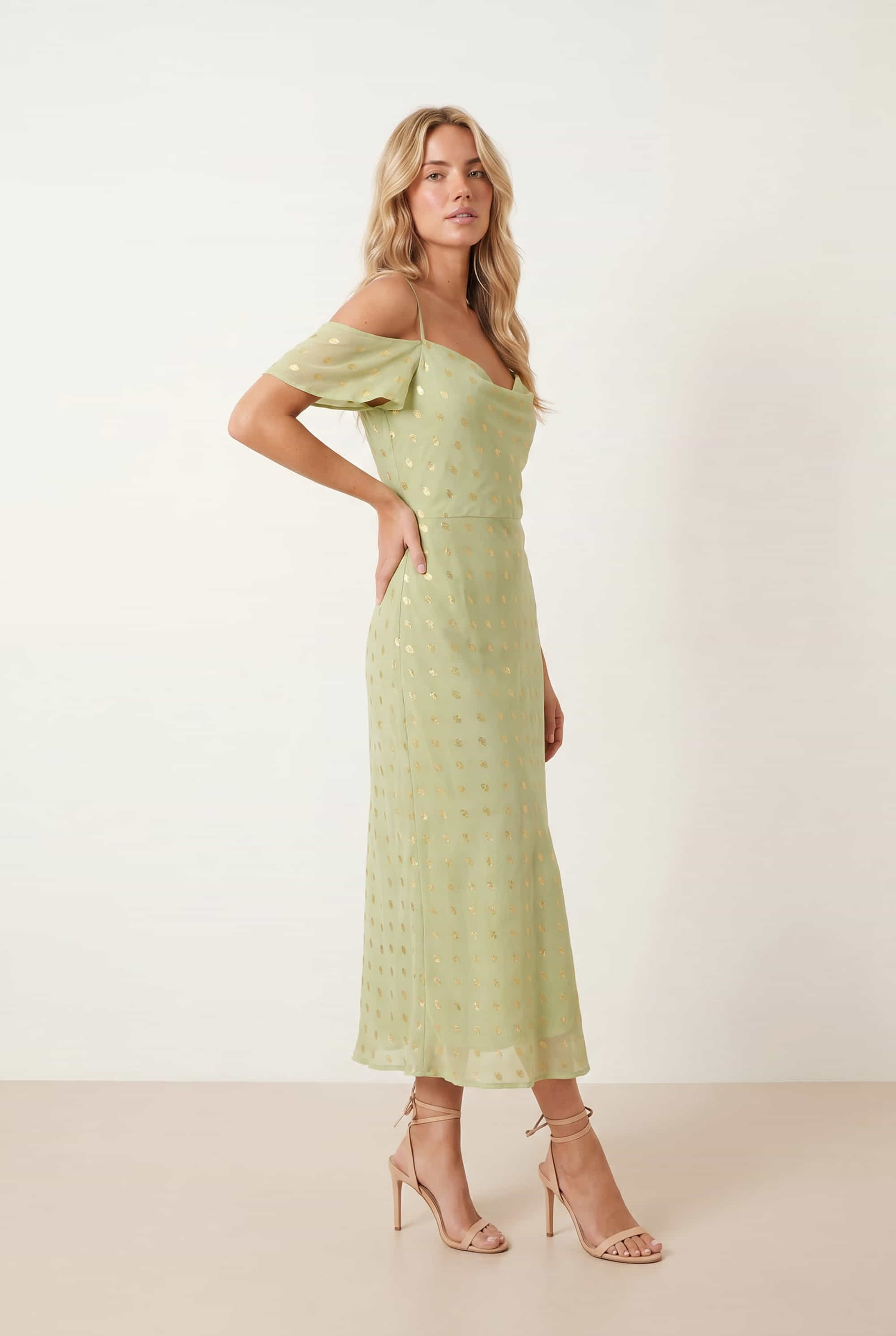 Brylee Cowl Neck Cold Shoulder Midaxi Dress in Sage & Gold