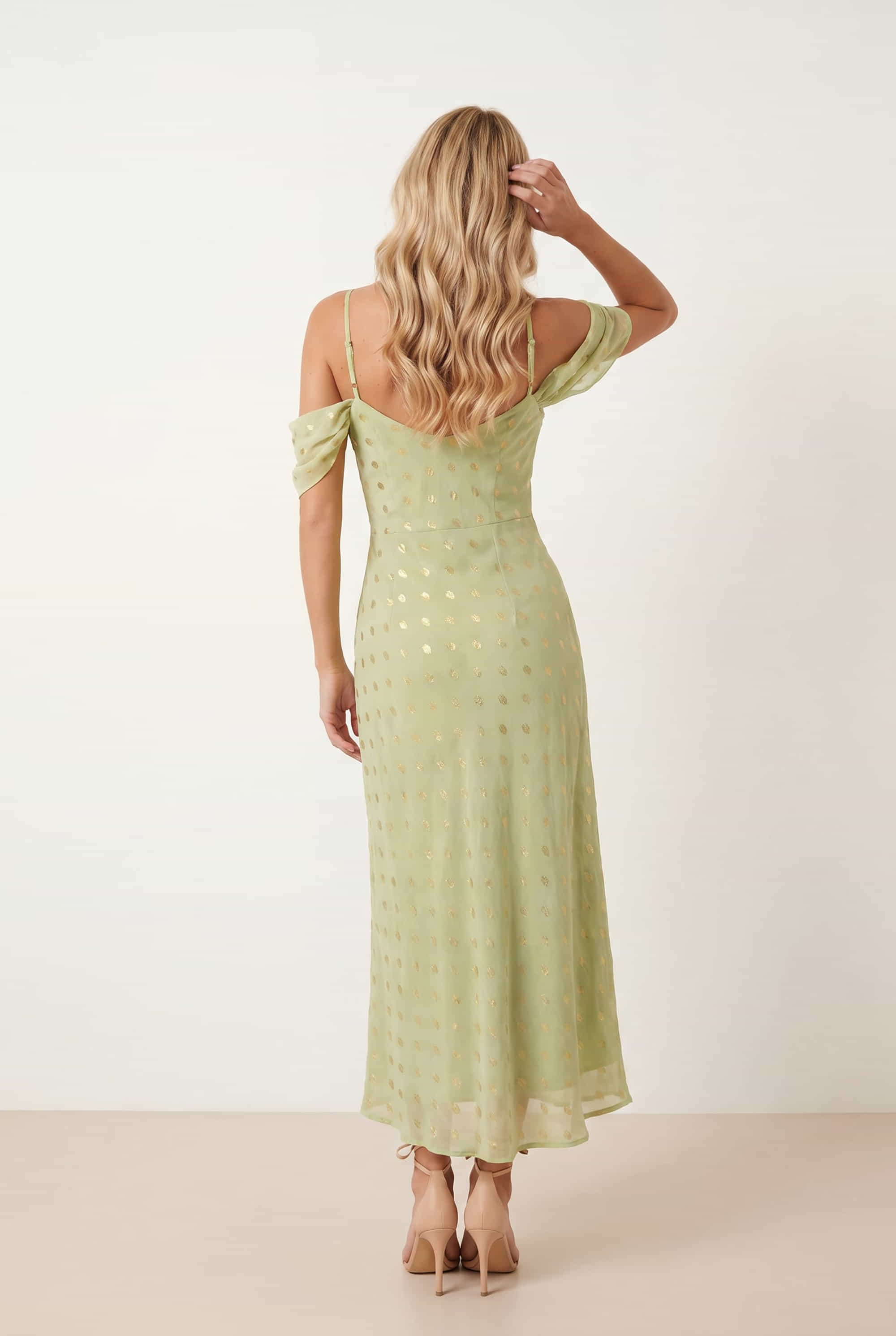 Brylee Cowl Neck Cold Shoulder Midaxi Dress in Sage & Gold