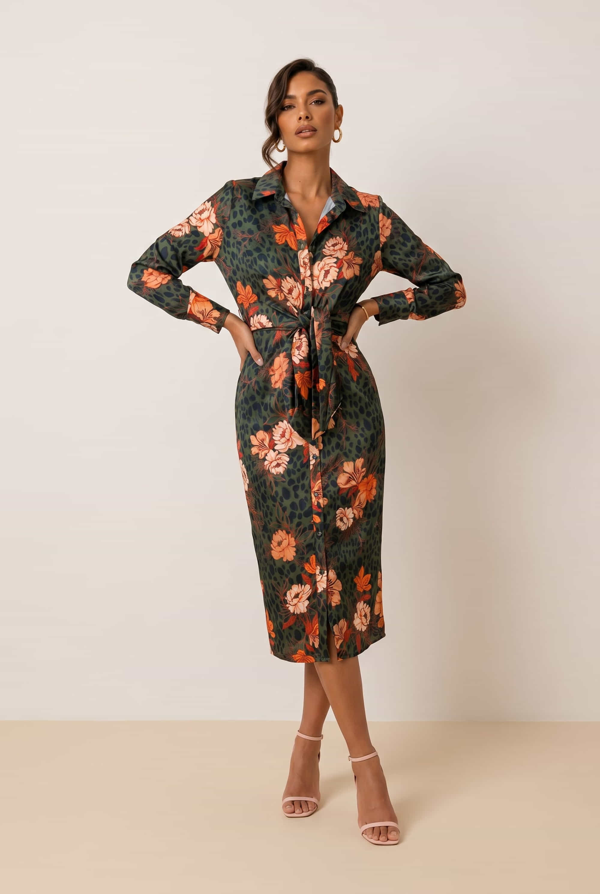 Cassie Tie Front Midi Dress / Khaki & Orange