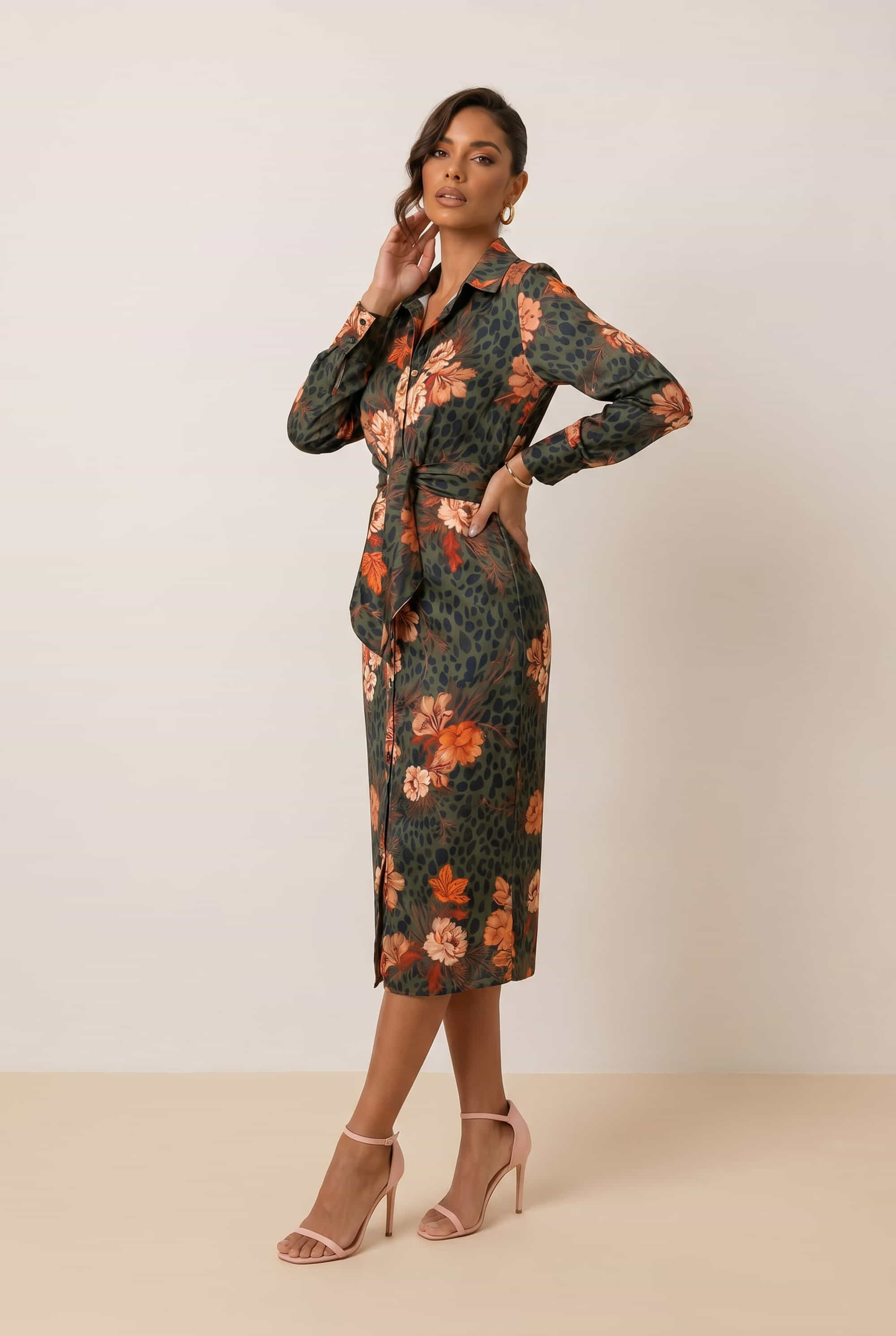 Cassie Tie Front Midi Dress / Khaki & Orange