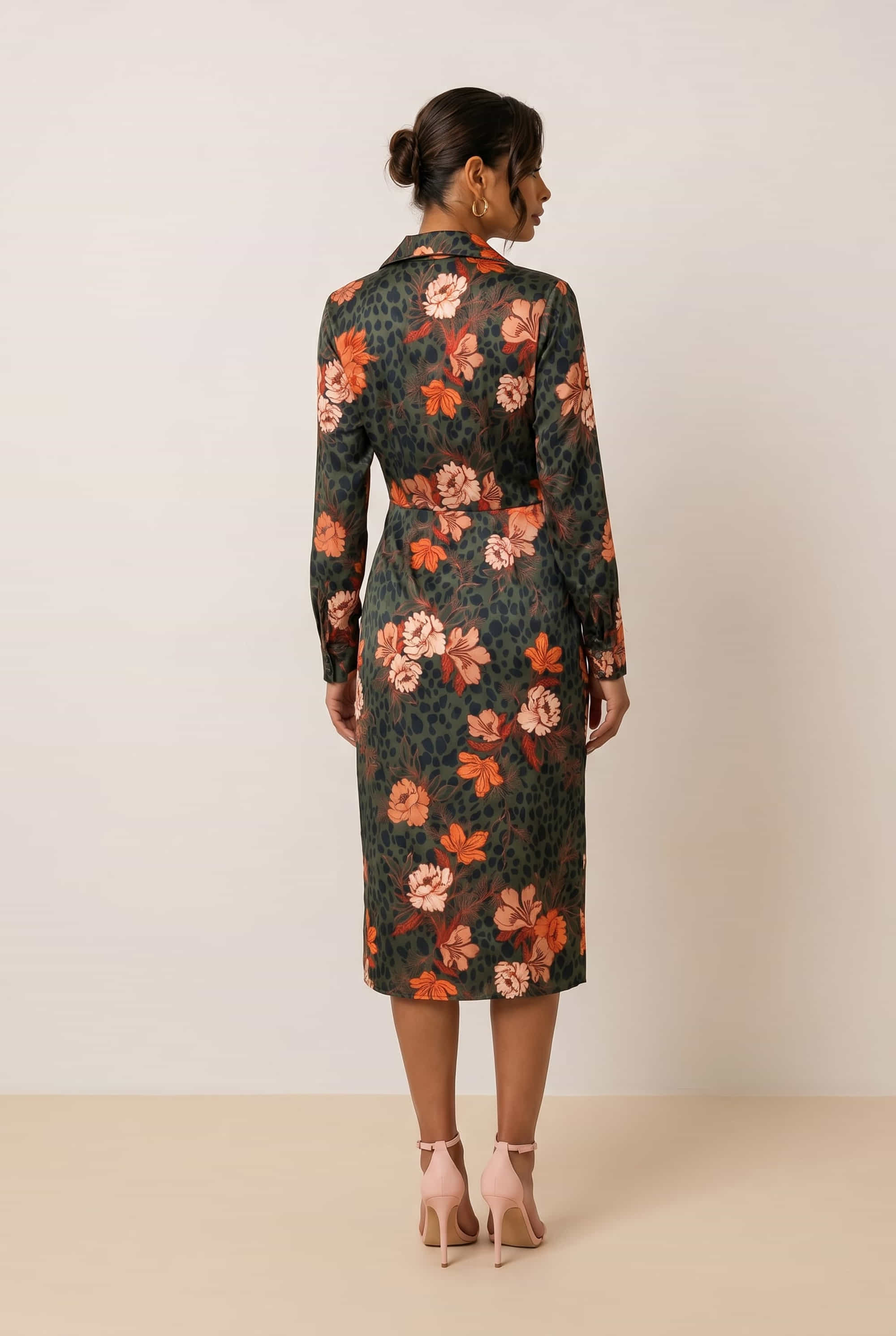 Cassie Tie Front Midi Dress / Khaki & Orange