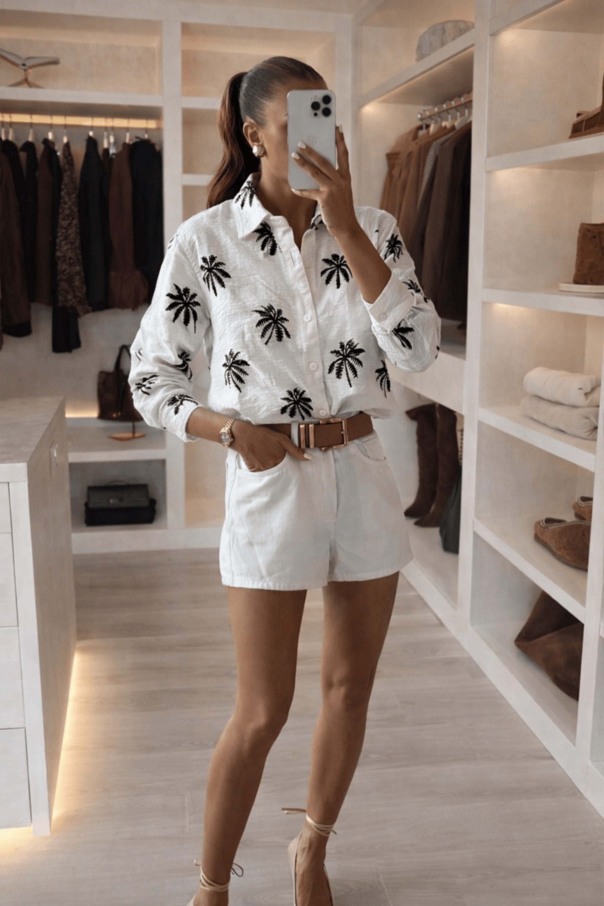 Palm Embroidered Shirt - White - Style Cheat