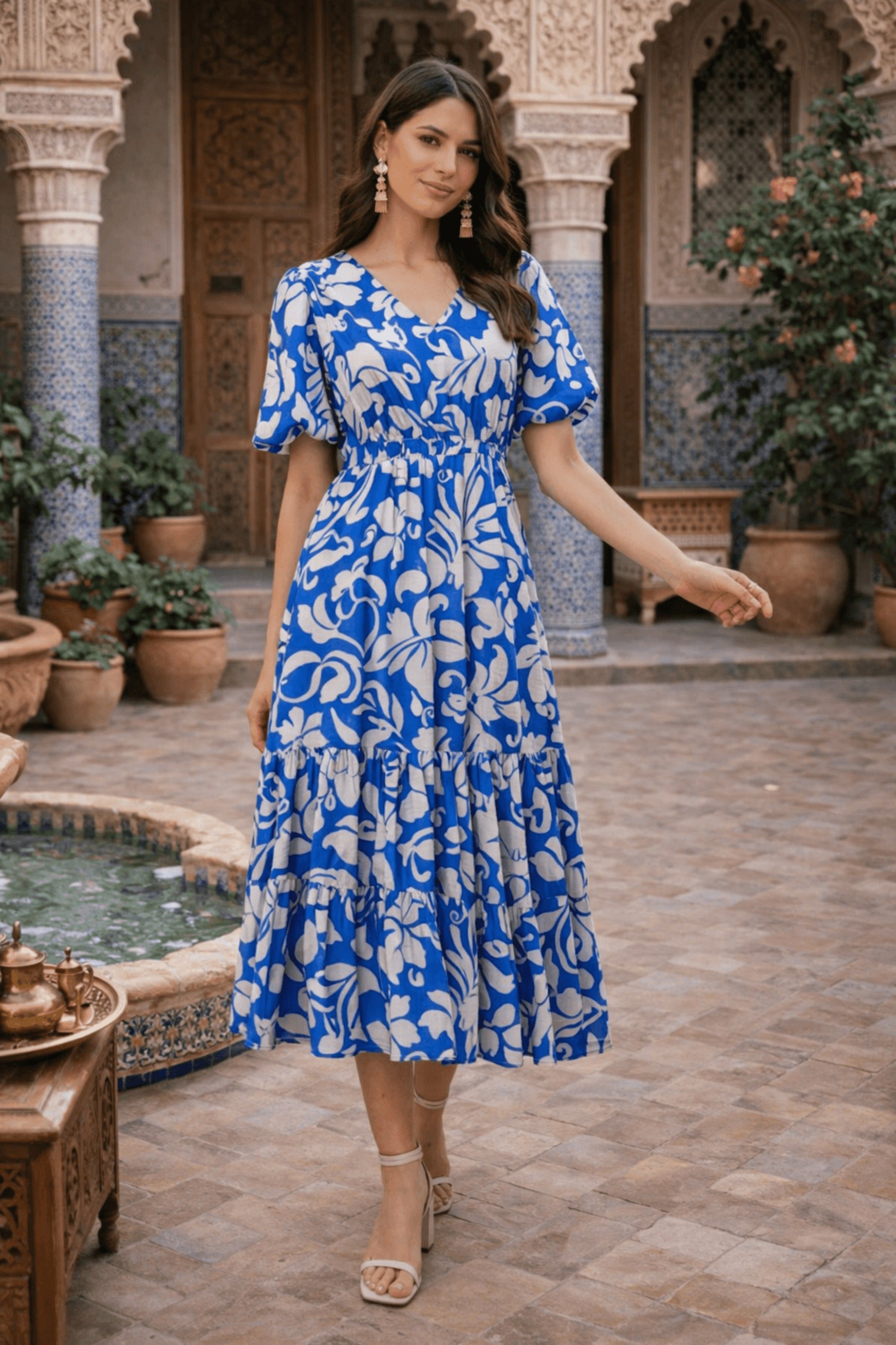 Blue and White Puff Sleeve Midi Dress - Style Cheat