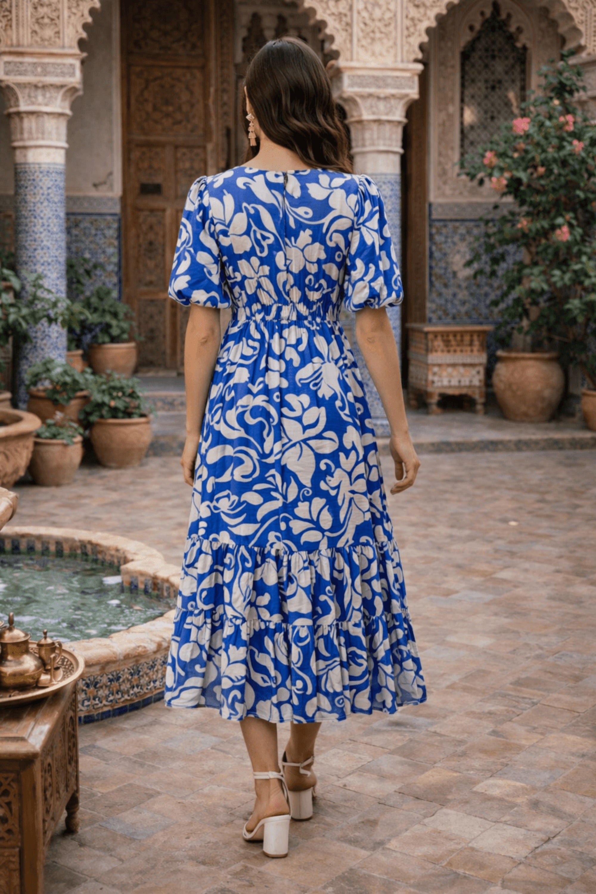Blue and White Puff Sleeve Midi Dress - Style Cheat