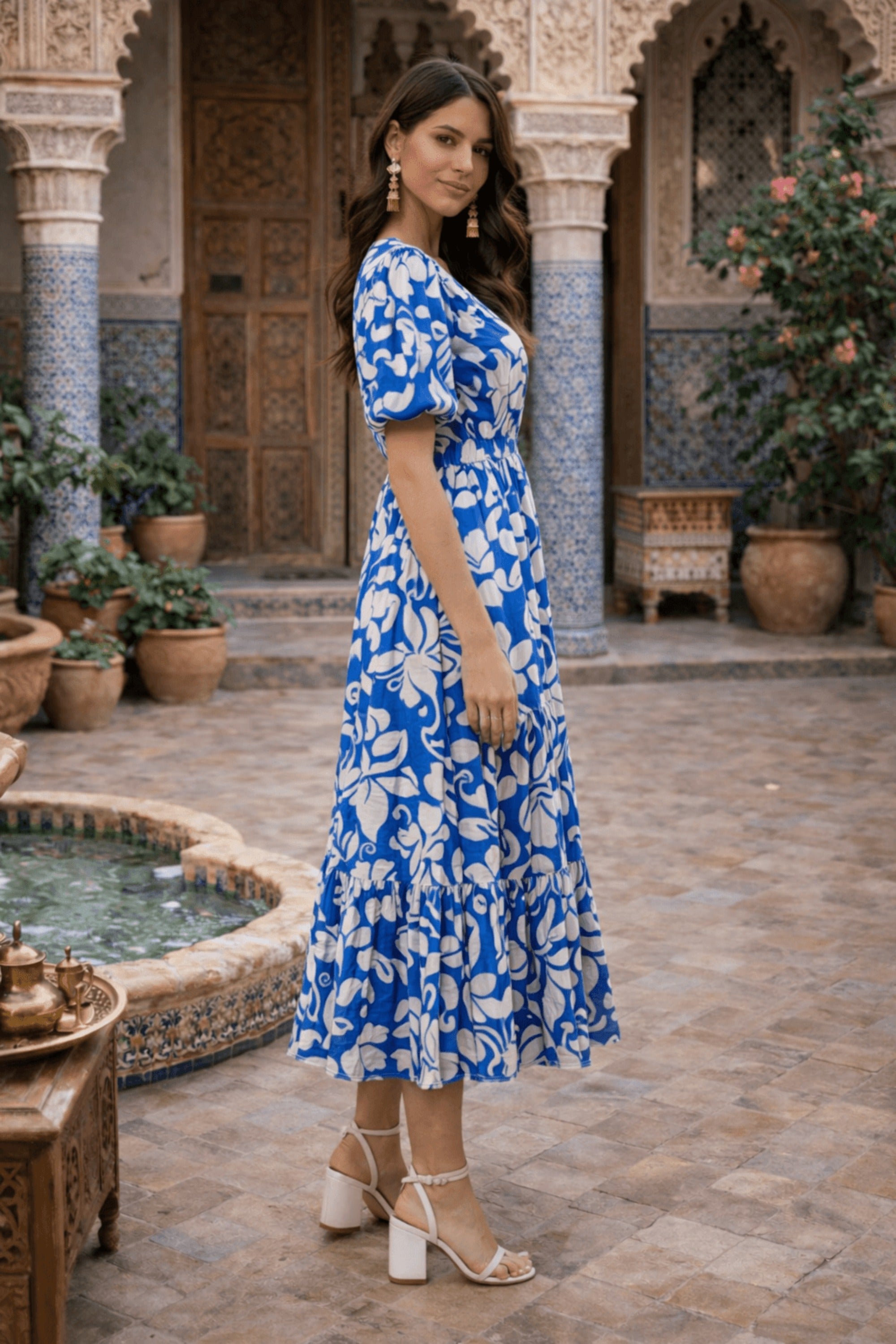 Blue and White Puff Sleeve Midi Dress - Style Cheat