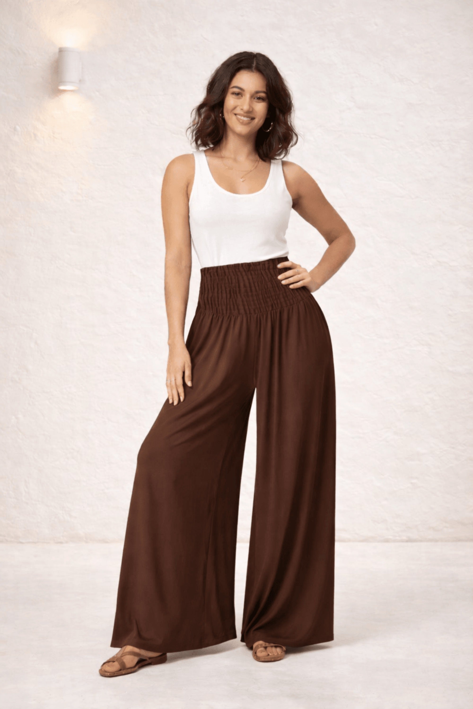 Brown Shirred Plain Trouser