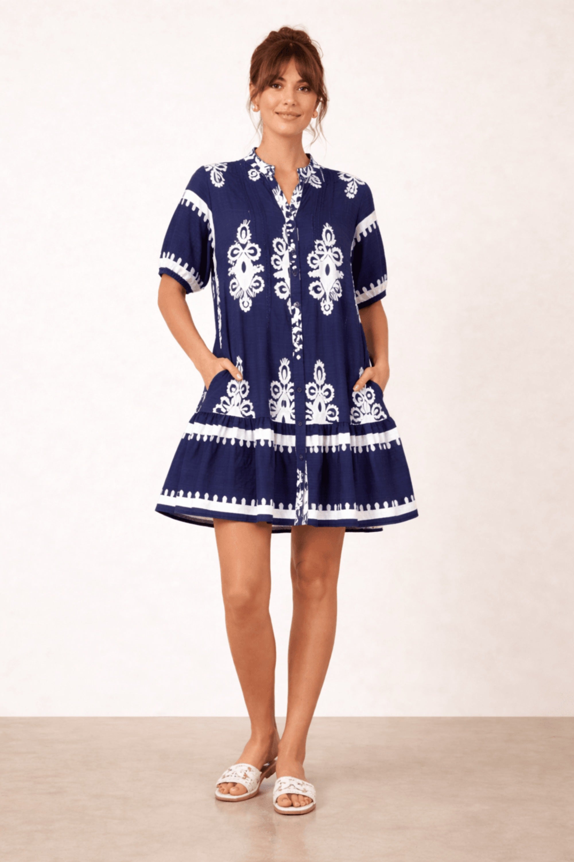 Navy and White Placement Print Mini Dress - Style Cheat