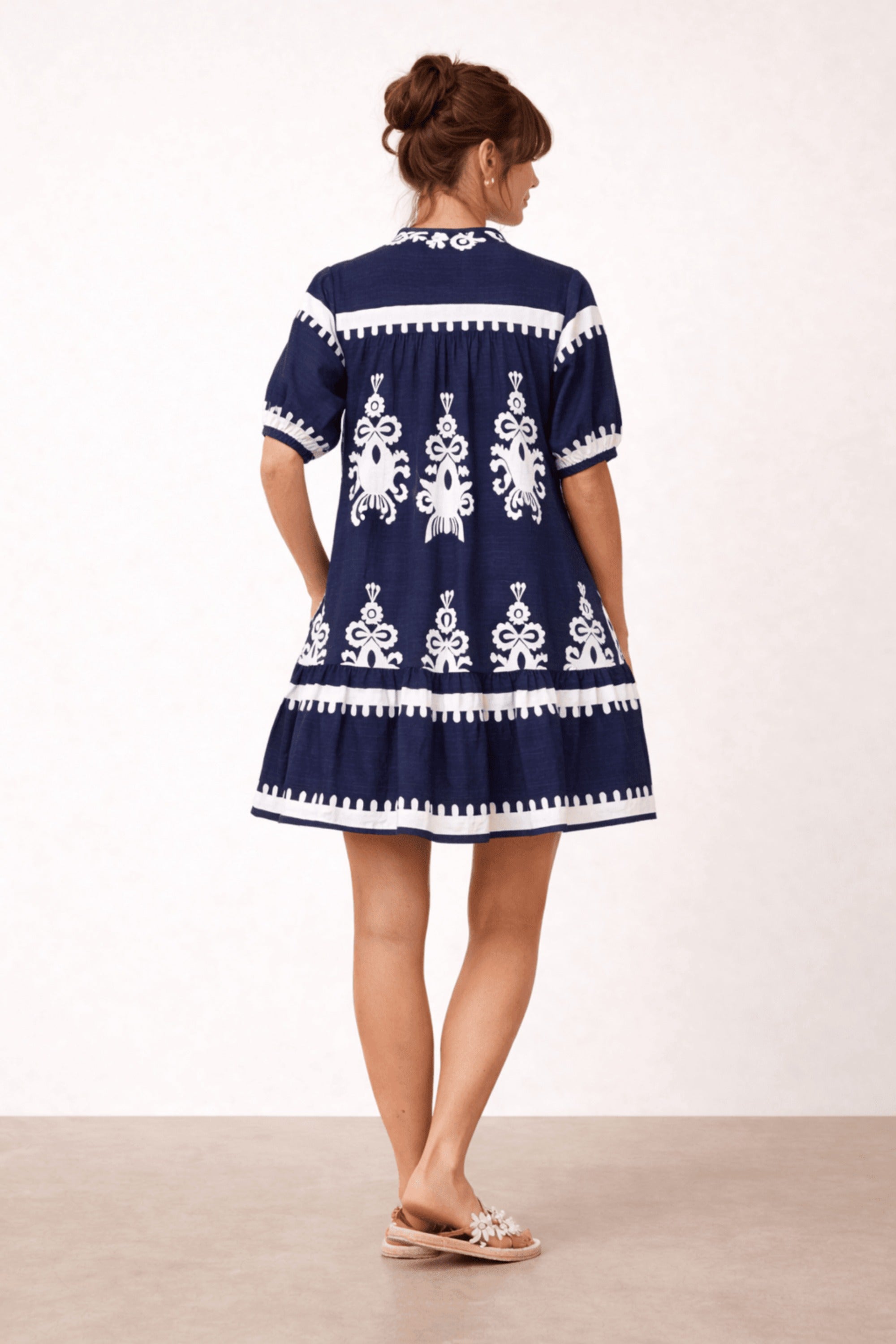 Navy and White Placement Print Mini Dress - Style Cheat
