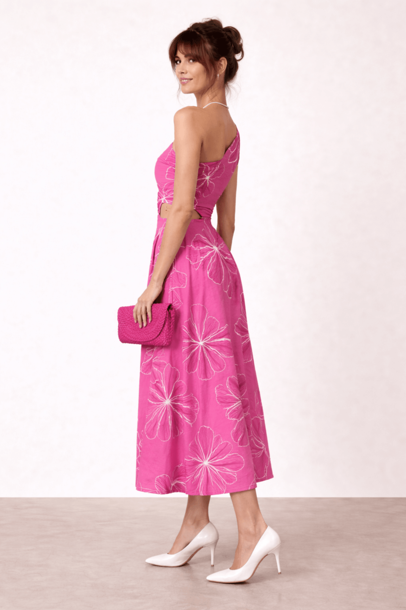 Jasmine Cut Out One Shoulder Dress in Pink Floral - Style Cheat