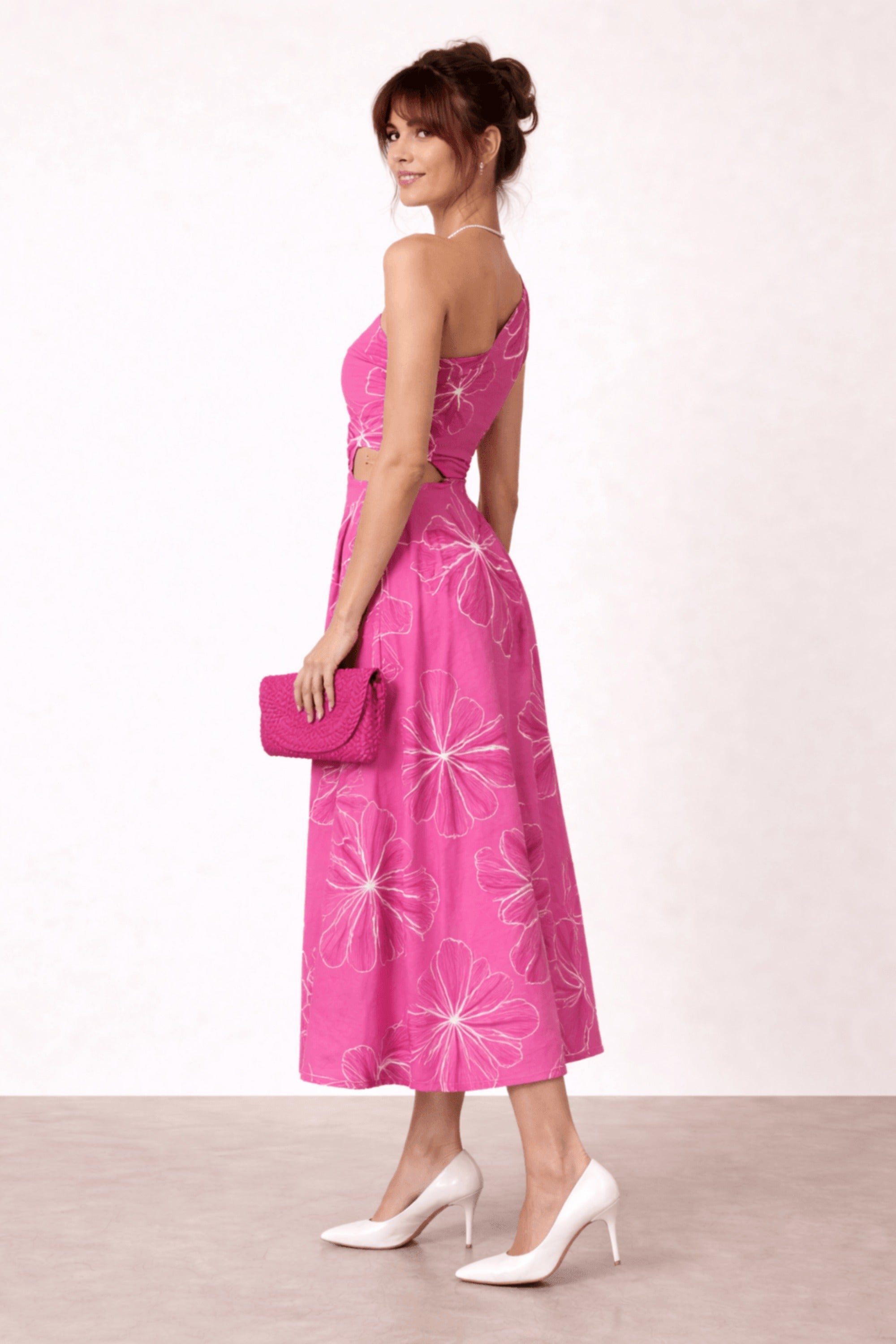 Jasmine Cut Out One Shoulder Dress in Pink Floral - Style Cheat