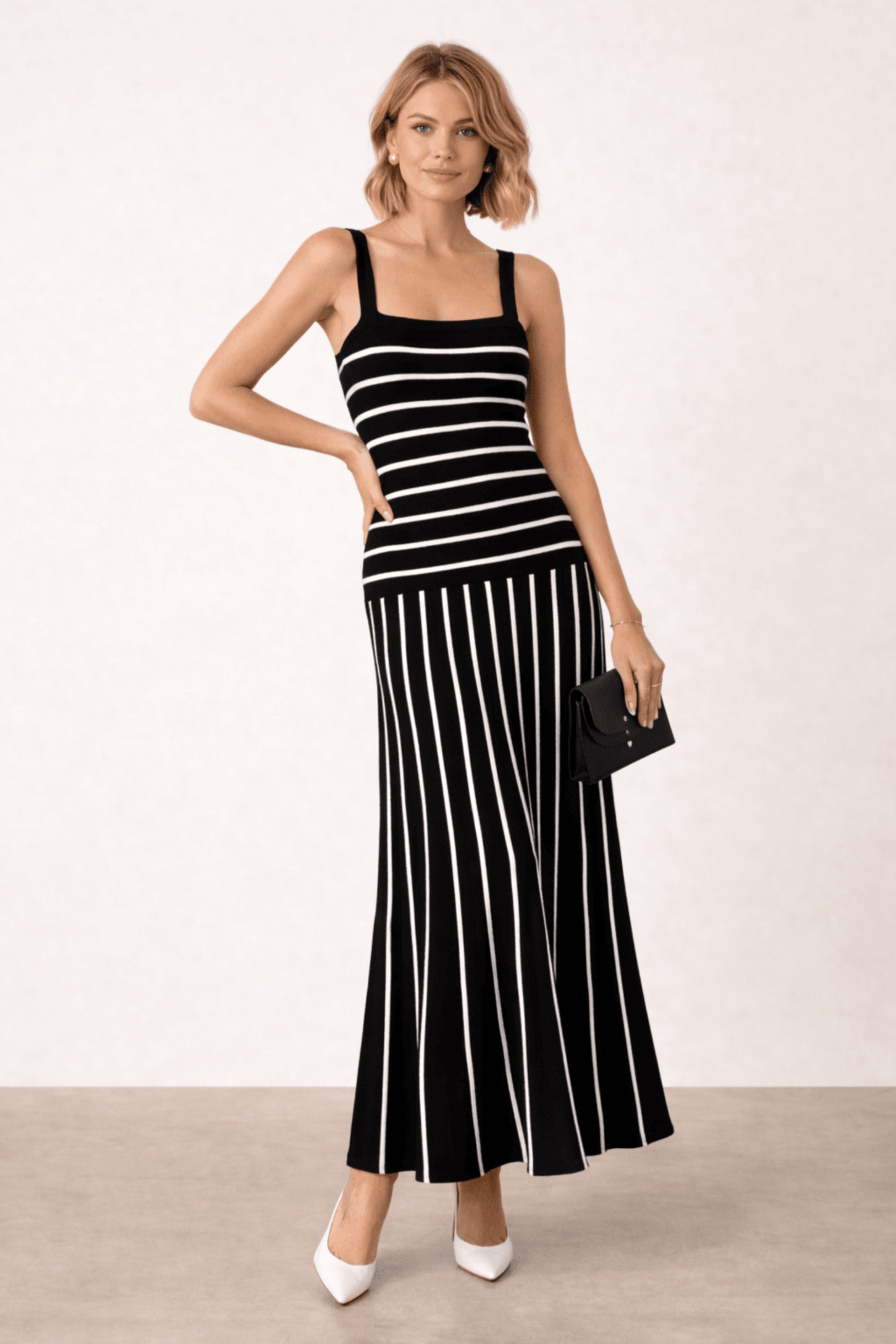 Black and White Stripe Knitted Midi Dress - Style Cheat