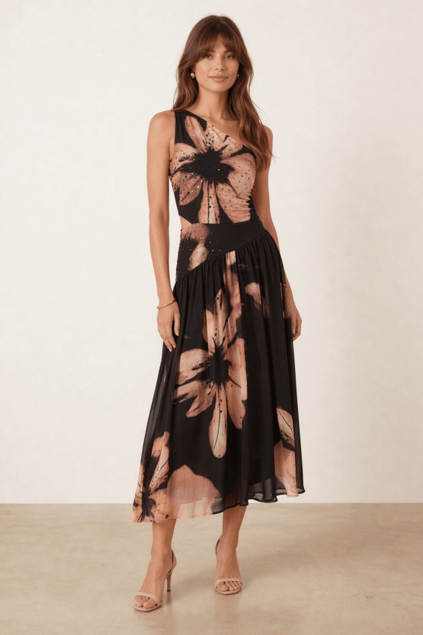 Jasmine Embellished Cut Out One Shoulder Dress in black and brown