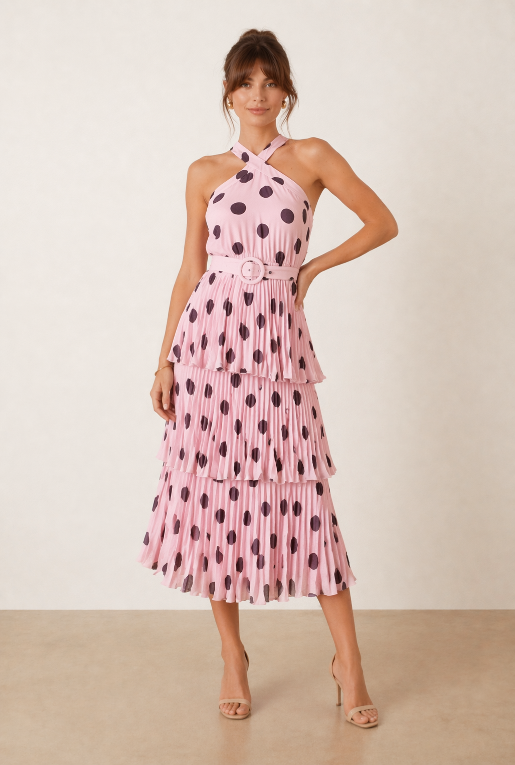 Paige Halter tiered Pleated Belted Dress / Pink Polka Dot - Arriving this week!
