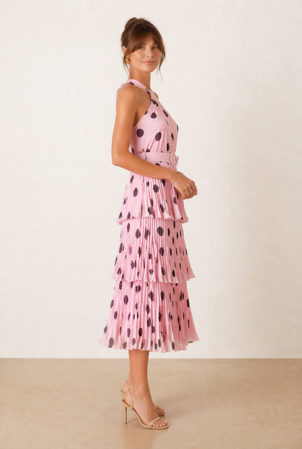 Paige Halter tiered Pleated Belted Dress / Pink Polka Dot - Arriving this week!