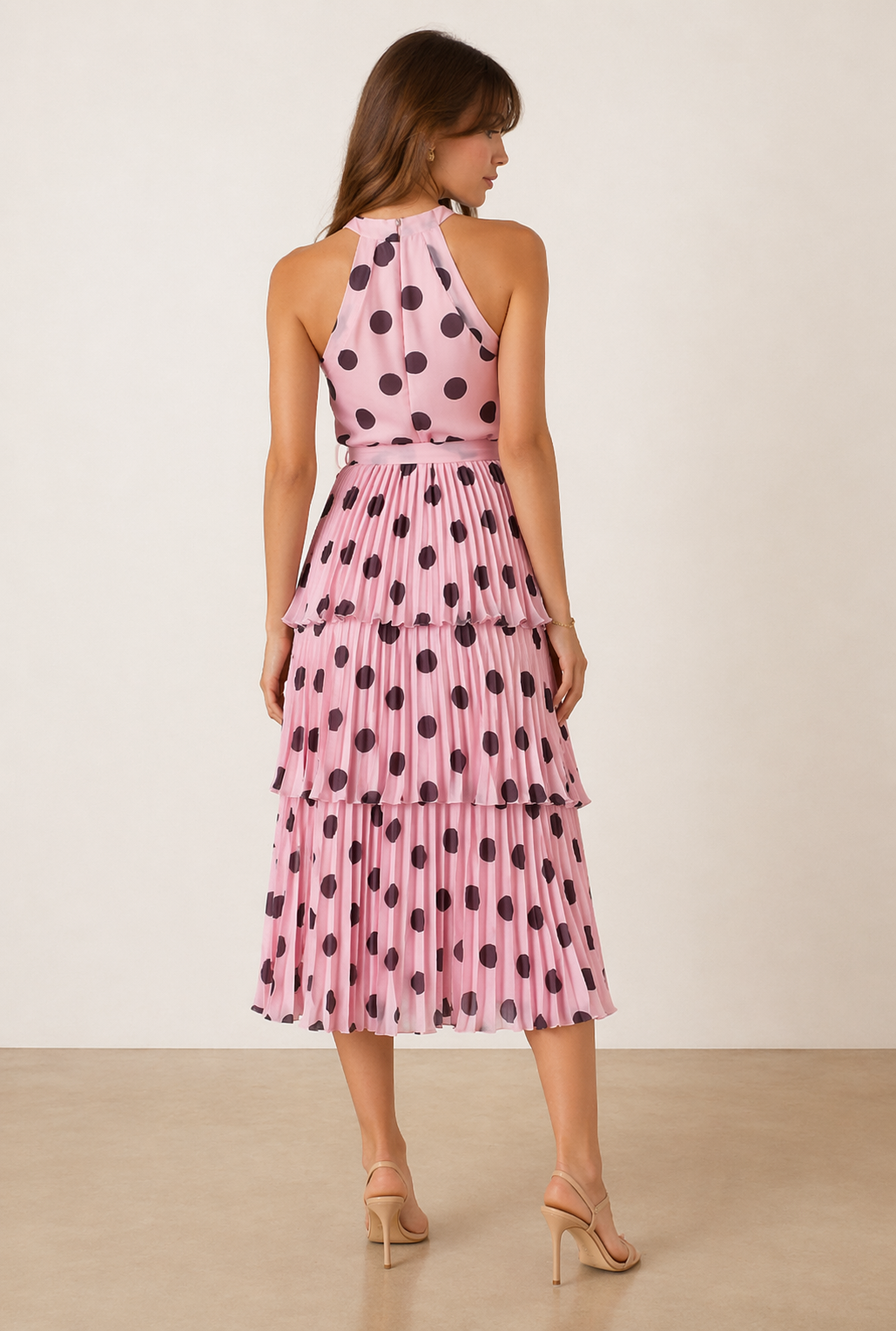 Paige Halter tiered Pleated Belted Dress / Pink Polka Dot - Arriving this week!