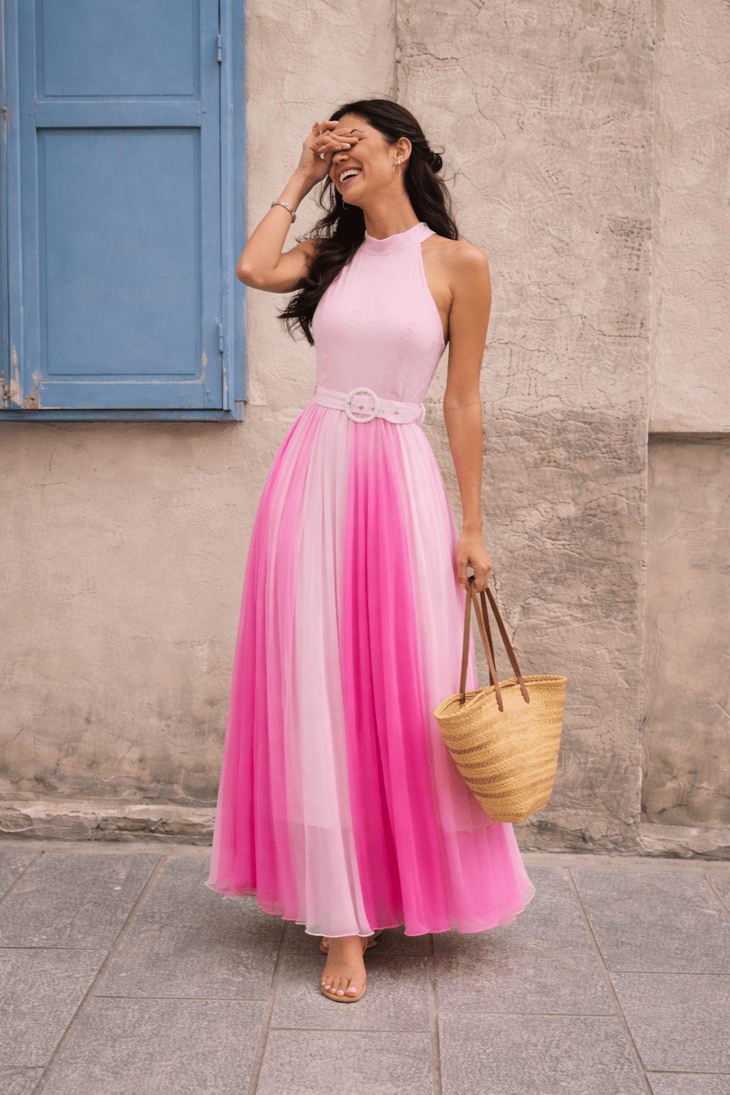 Luisa Belted Pleated Maxi Dress / Ombre