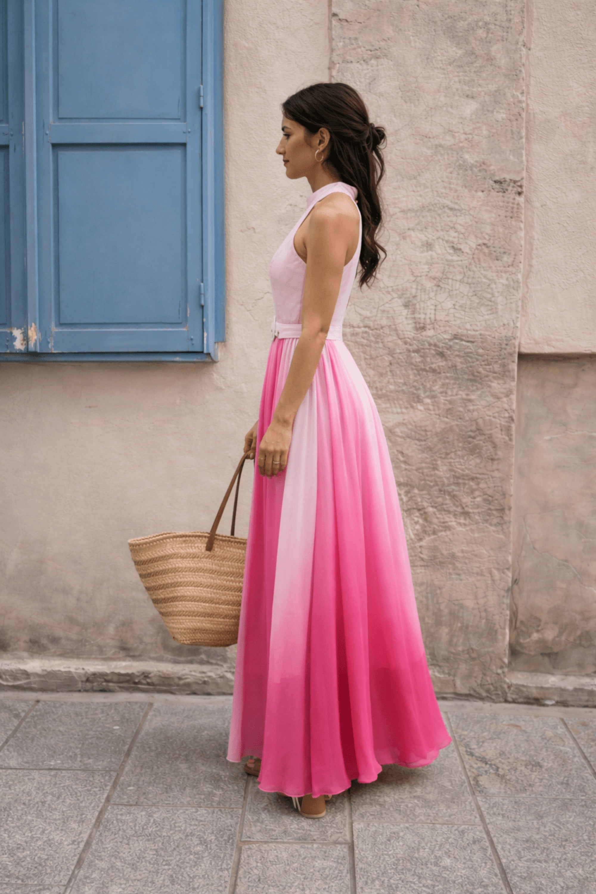 Luisa Belted Pleated Maxi Dress / Pink Ombre – Style Cheat