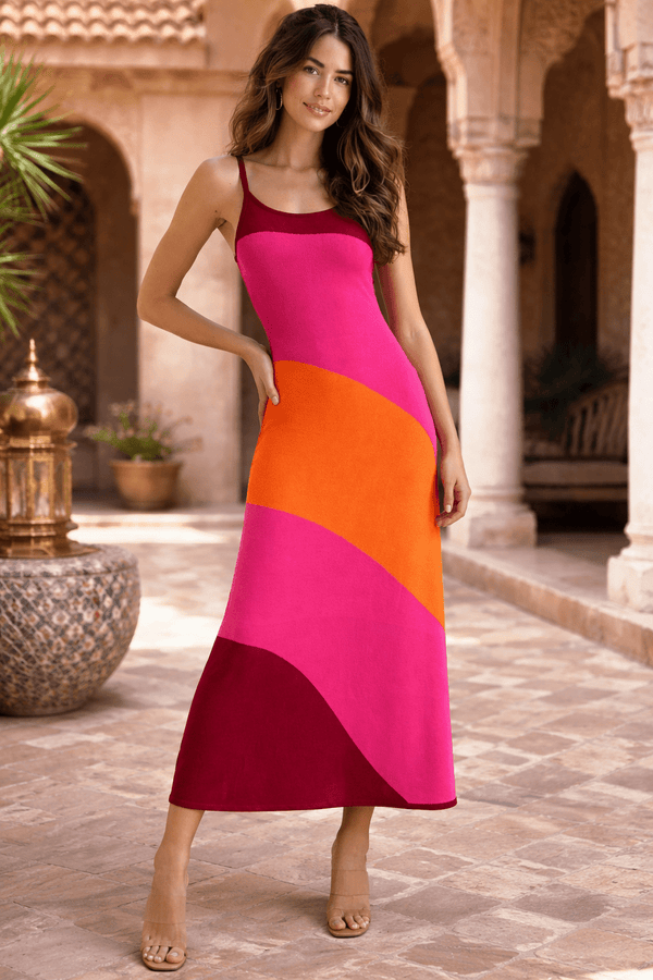michelle bodycon knitted colourblock midi dress Strappy in Orange & pink – Style Cheat The design is anchored