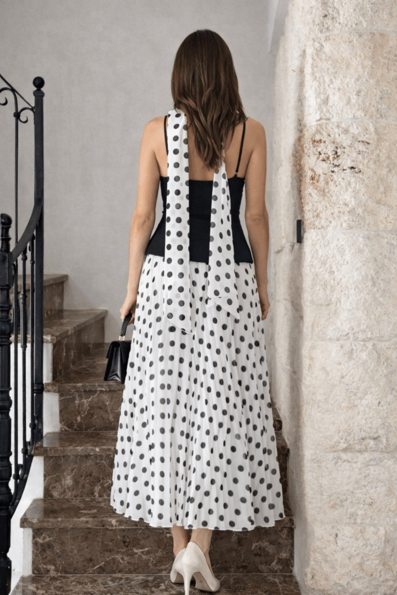 Viola Scarf Bandeau Pleat Dress in Mono Polka Dot - Style Cheat
