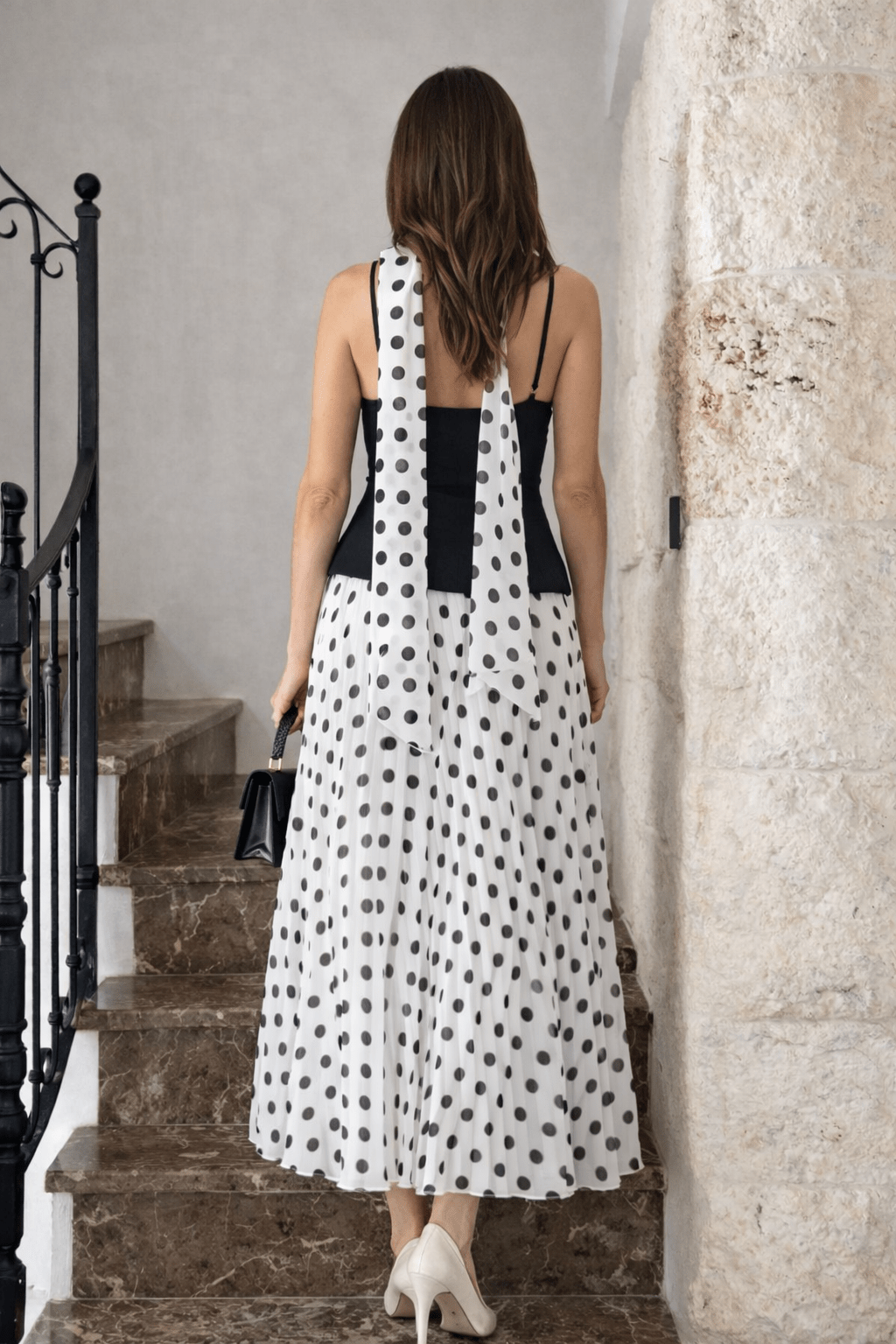 Madelaine Mono Polka-Dot Pleat Dress