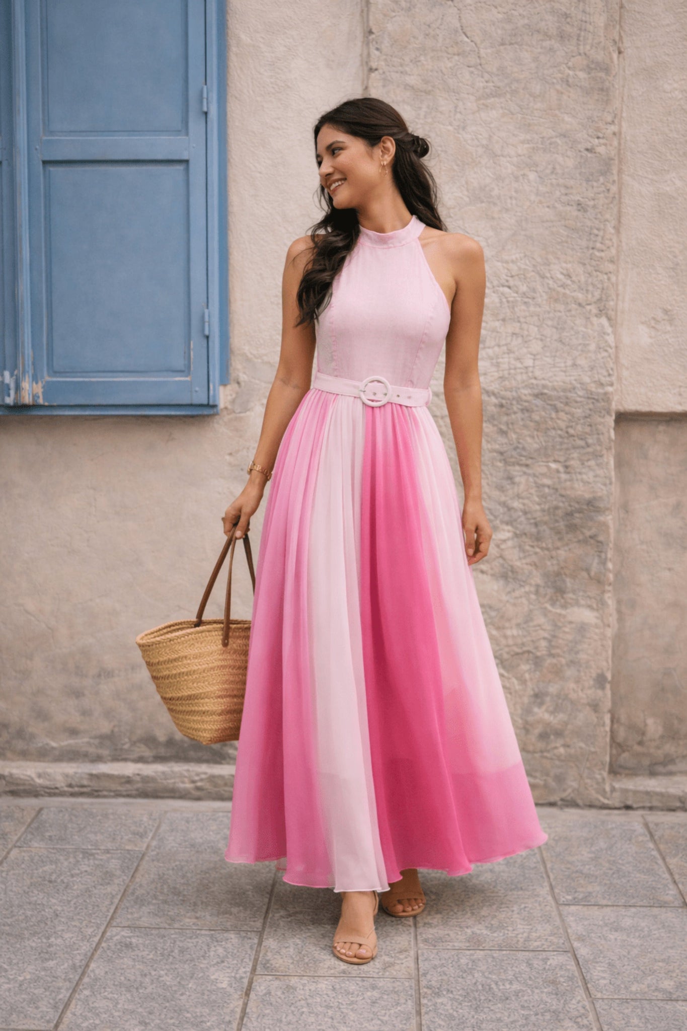 Luisa Belted Pleated Maxi Dress / Pink Ombre – Style Cheat