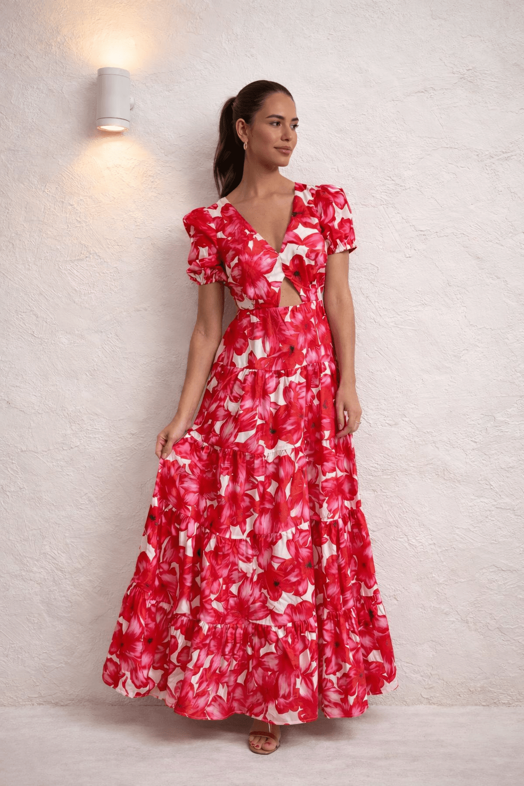 Zoe Tiered Cutout Maxi Dress / Red & White - Style Cheat