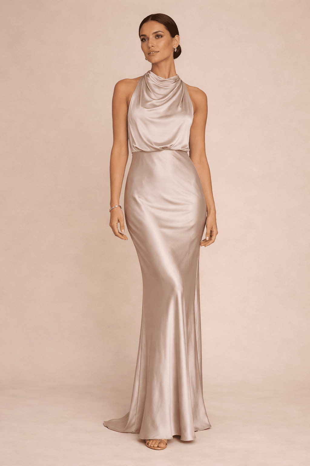 Drape Neck Maxi Satin Dress / Champagne - Style Cheat