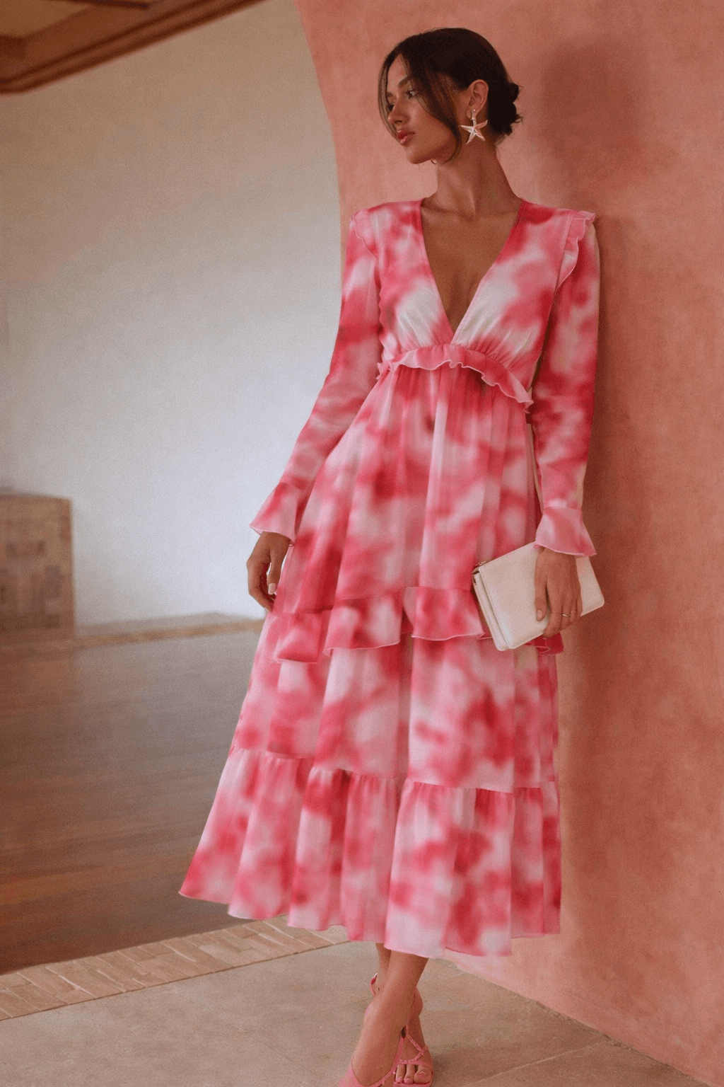 Birdie Frill Tie Back Dress / Pink Abstract - Style Cheat