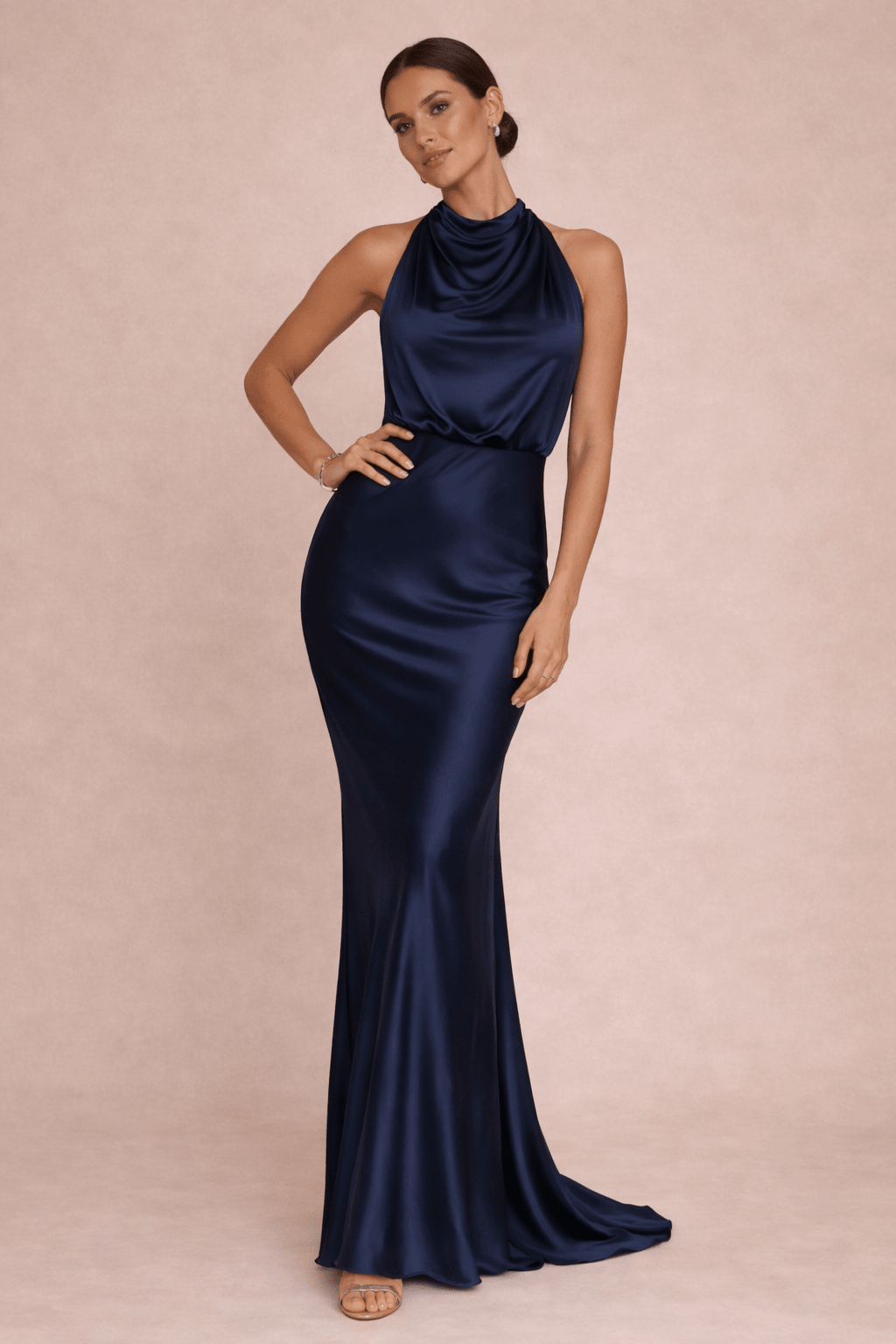 Drape Neck Maxi Satin Dress / Navy - Style Cheat
