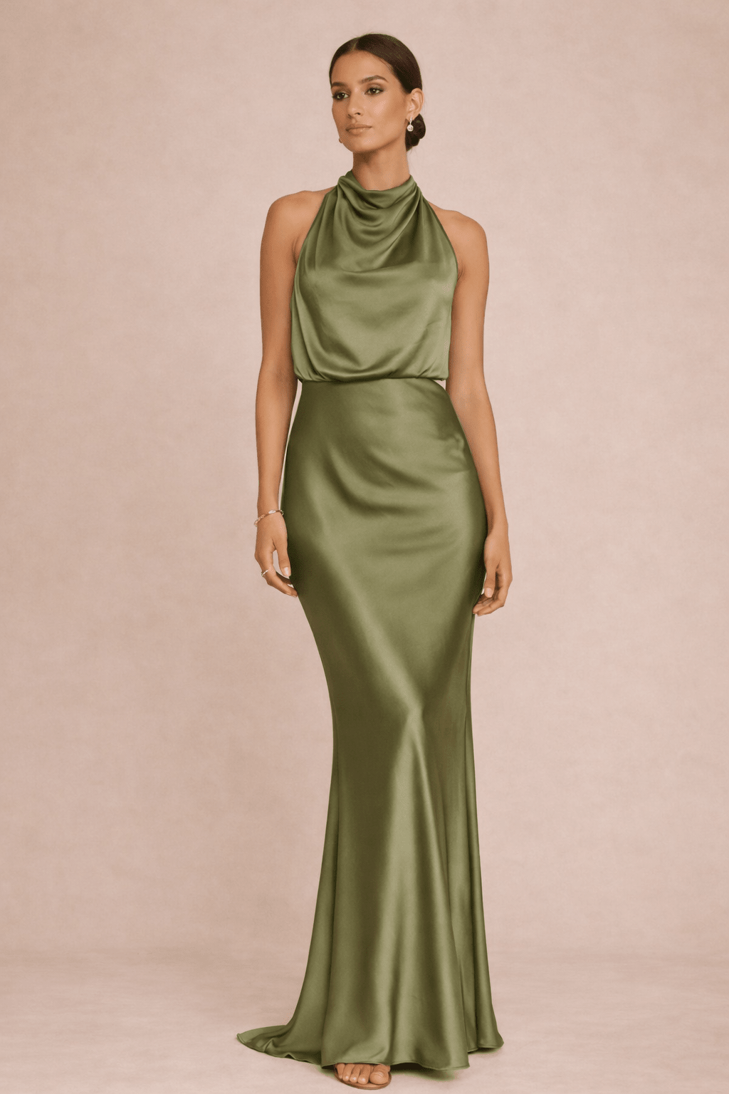 Drape Neck Maxi Satin Dress / Olive - Style Cheat