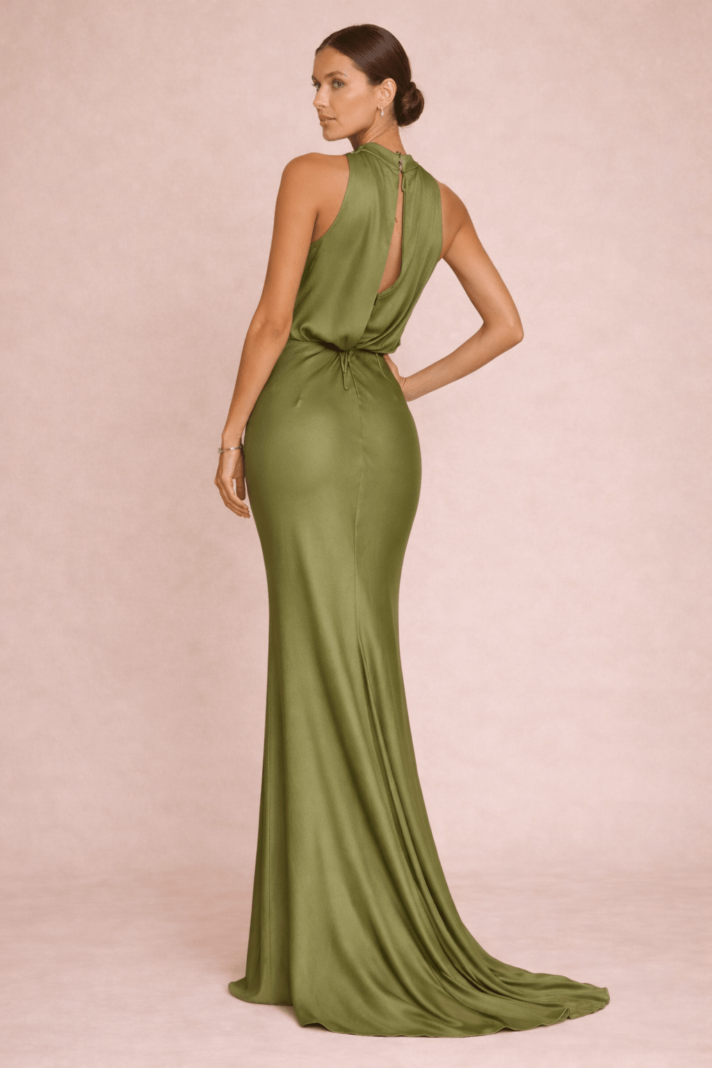 Drape Neck Maxi Satin Dress / Olive - Style Cheat