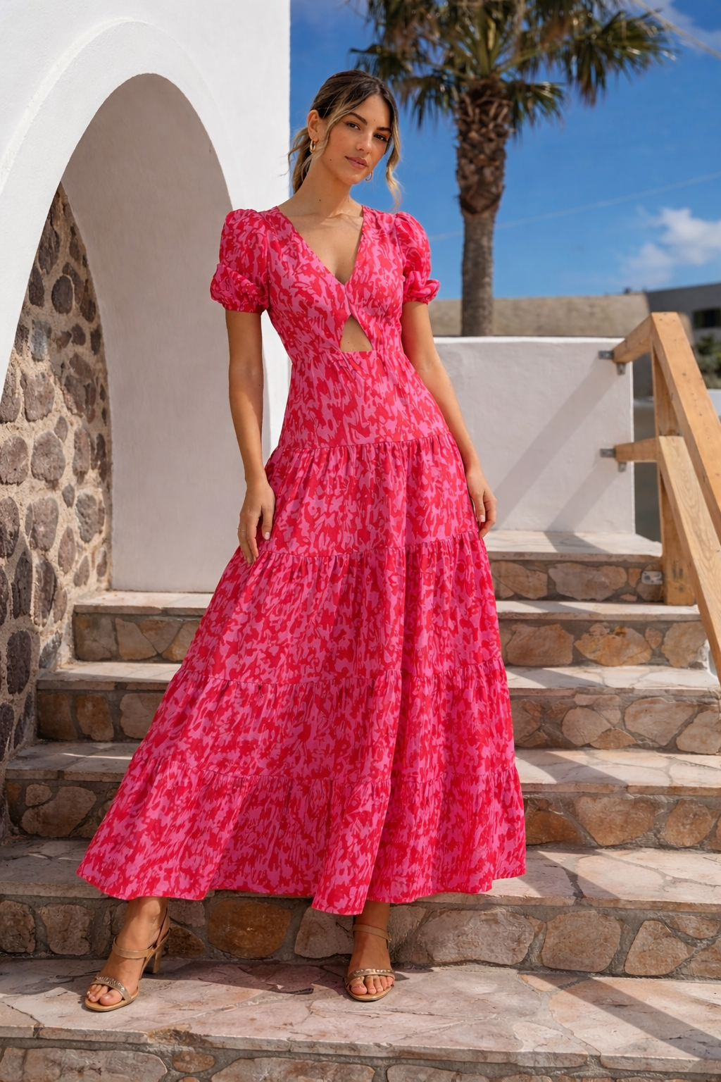 Zoe Tiered Cutout Maxi Dress / Pink Animal