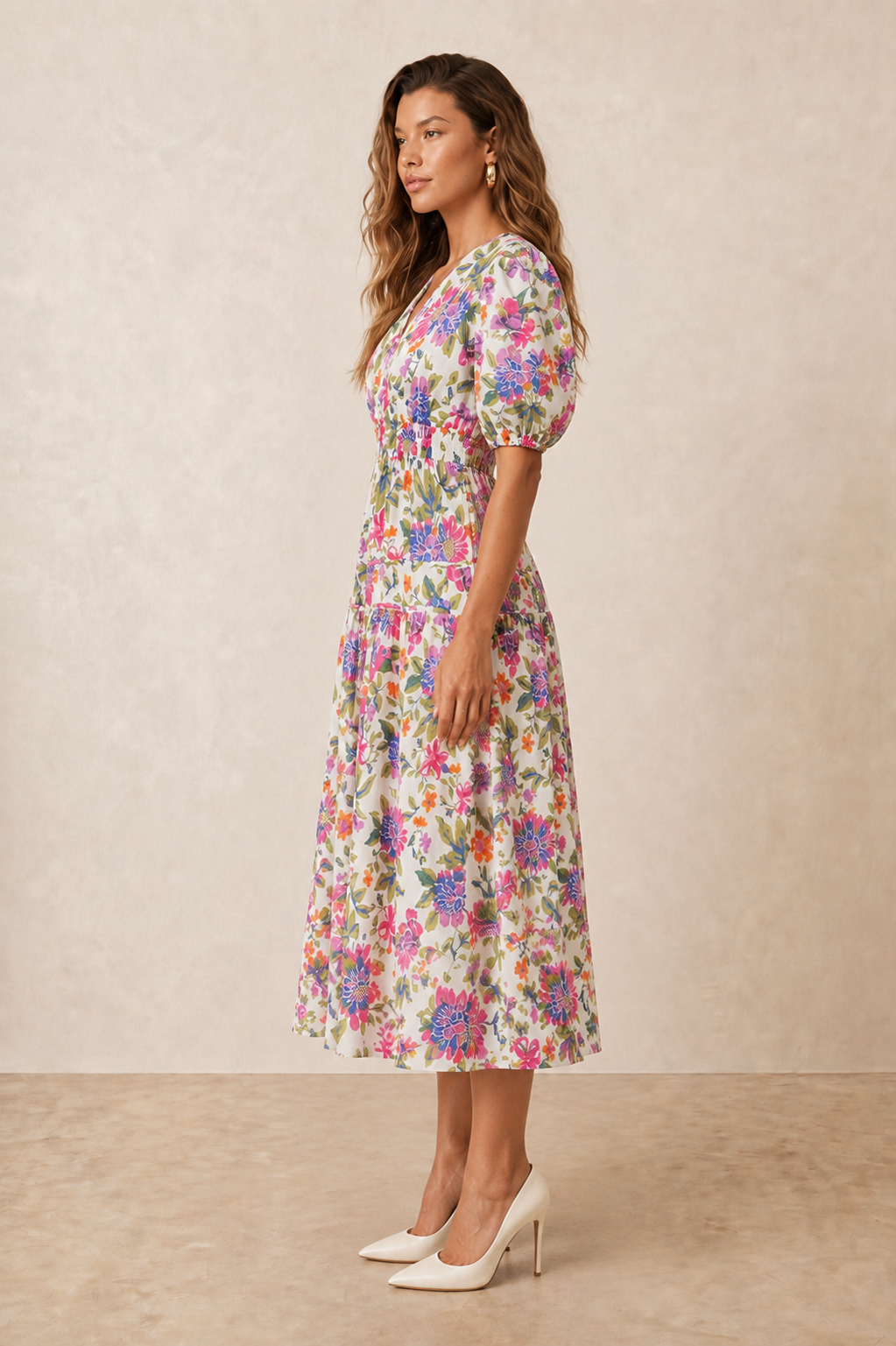 Puff Sleeve V Neck Midi Dress