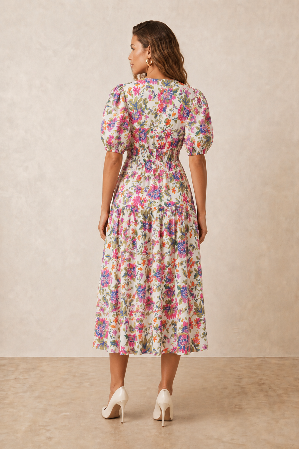 Puff Sleeve V Neck Midi Dress