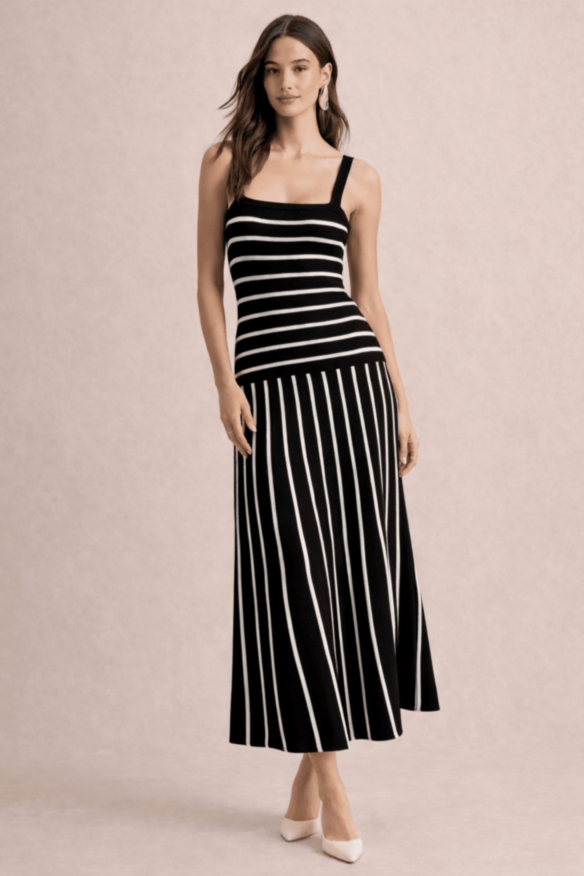Black and White Stripe Knitted Midi Dress - Style Cheat