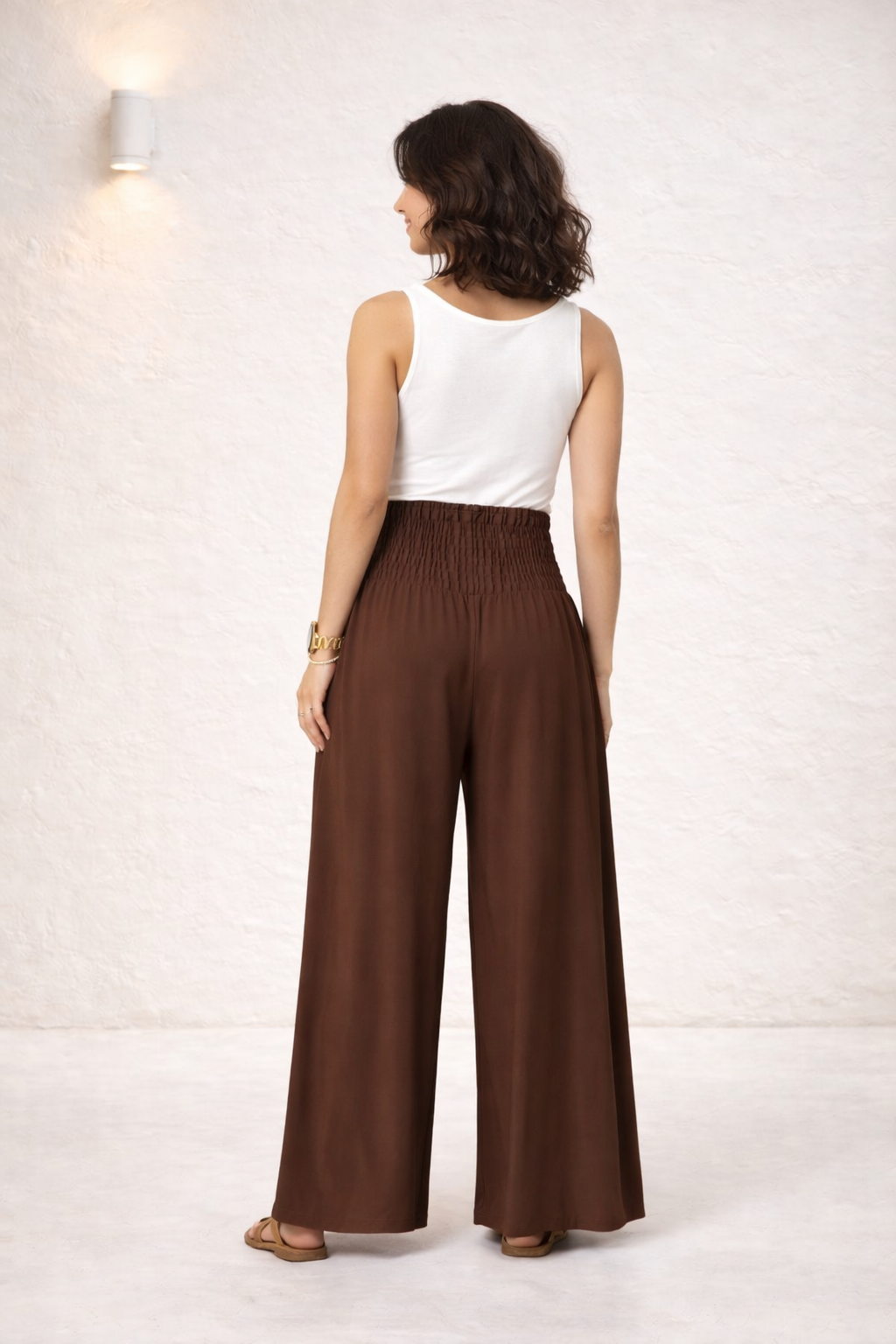 Brown Shirred Plain Trouser