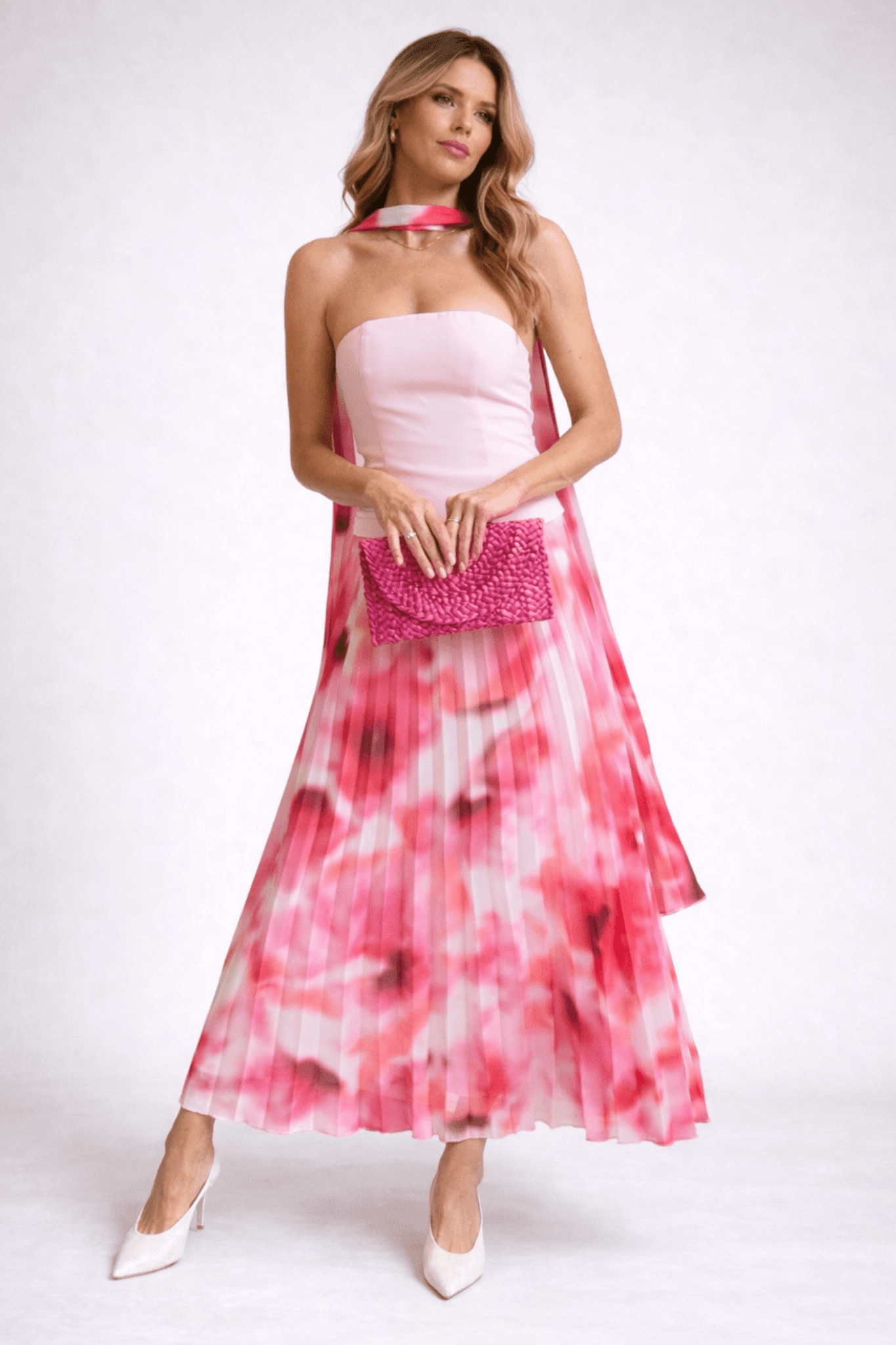 Viola Scarf Bandeau Pleat Dress in Pink