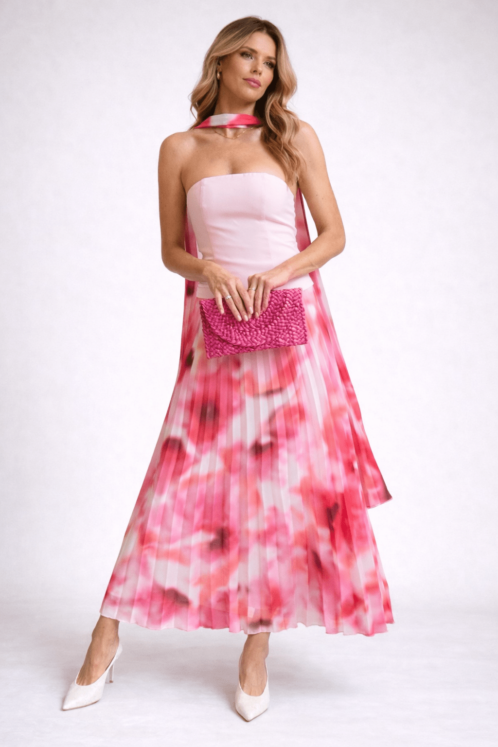 Viola Scarf Bandeau Pleat Dress in Pink - Style Cheat